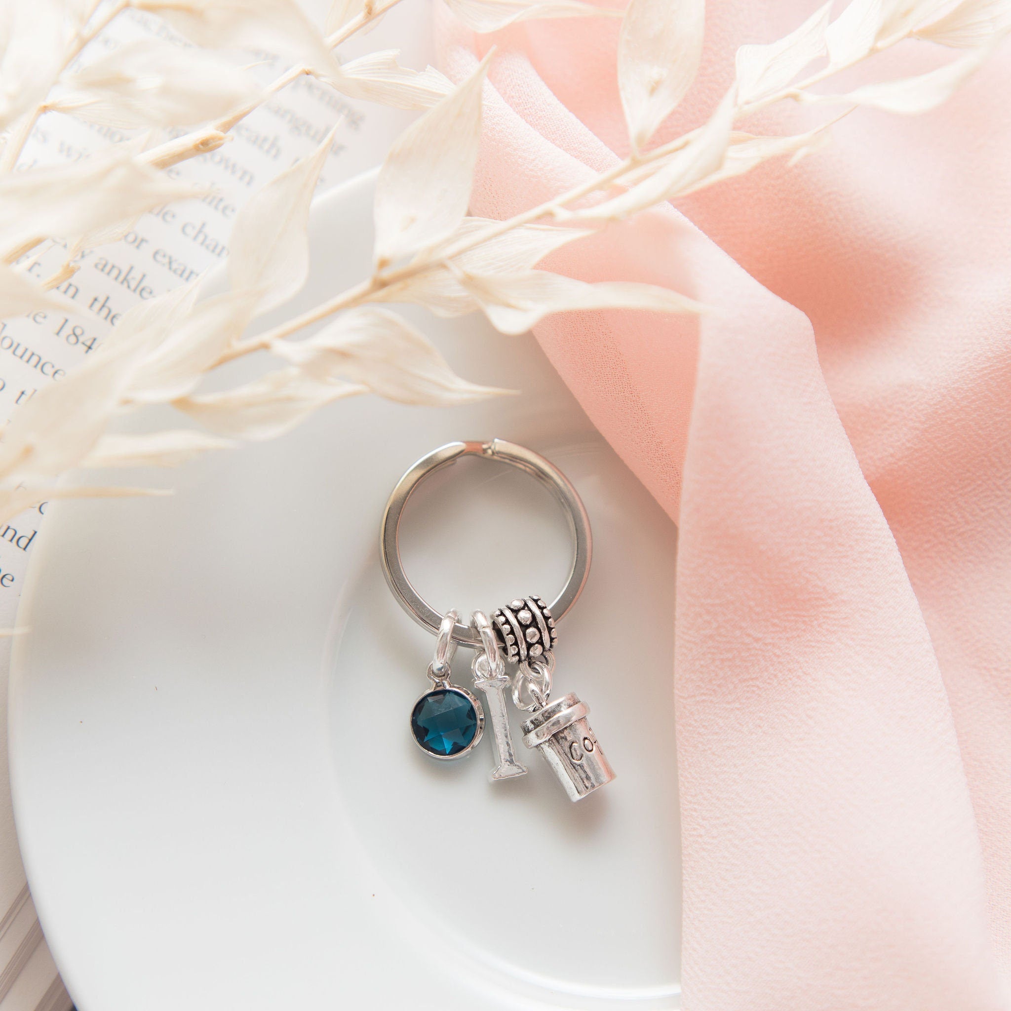 Coffee keyring, personalised gifts, birthstone and initial charms, coffee drinker gift, barista gifts