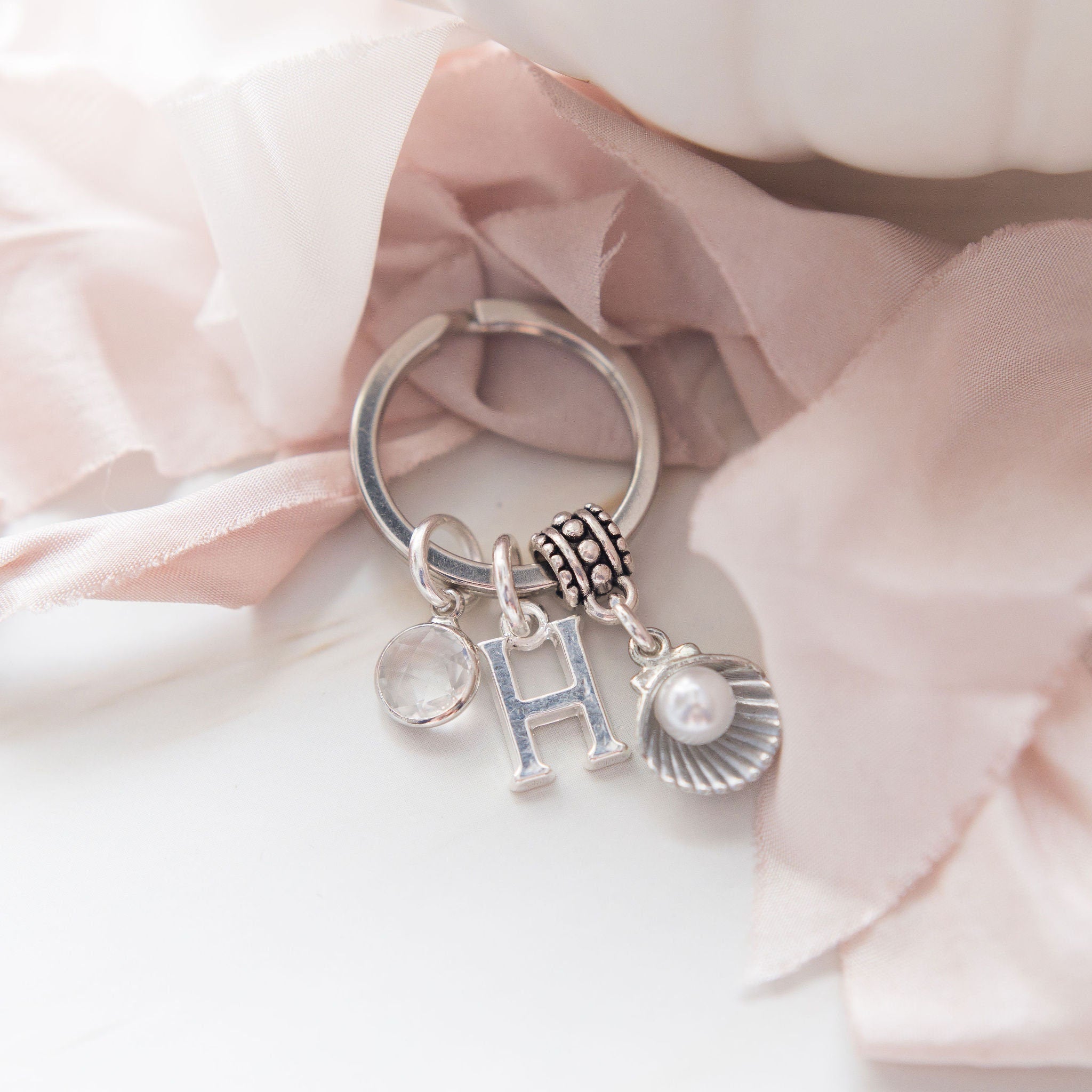 Shell keyring, personalised gifts, seashell keychain, pearl bag charm, sea creature accessory, birthstone initial pendant