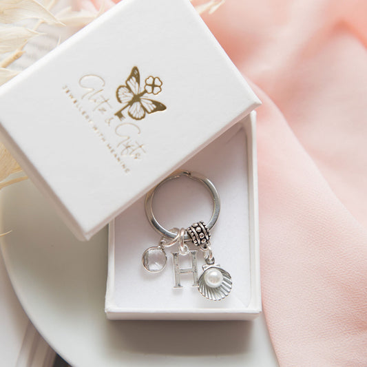 Shell keyring, personalised gifts, seashell keychain, pearl bag charm, sea creature accessory, birthstone initial pendant