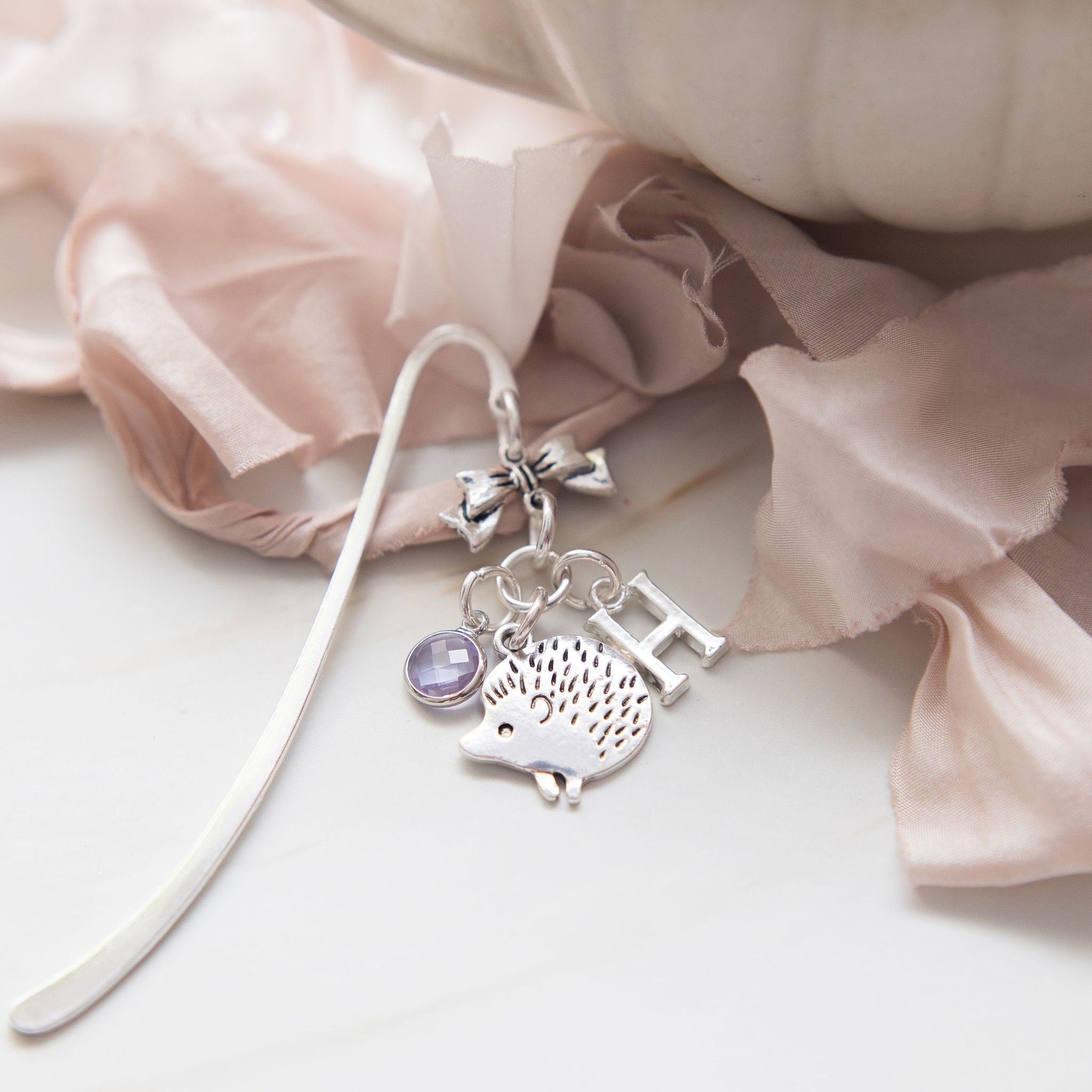 Hedgehog bookmark, woodland animal gifts, personalised hedgehog gift, birthstone initial, autumn gift, metal charm page marker