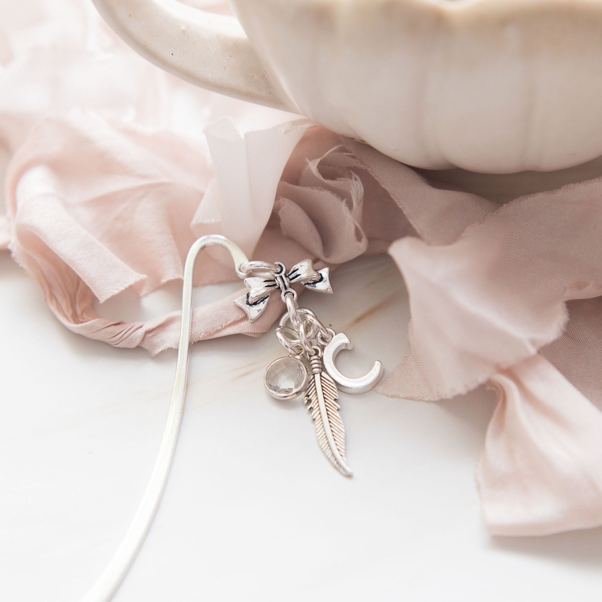 Feather bookmark, bird gifts, personalised gift, birthstone initial, remembrance gift, metal charm page marker, book lover gifts, reader