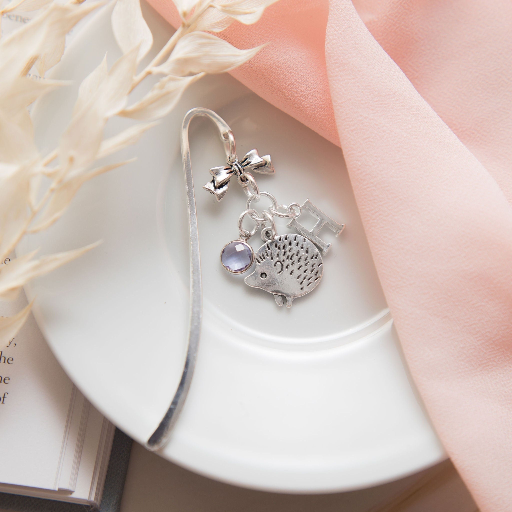 Hedgehog bookmark, woodland animal gifts, personalised hedgehog gift, birthstone initial, autumn gift, metal charm page marker