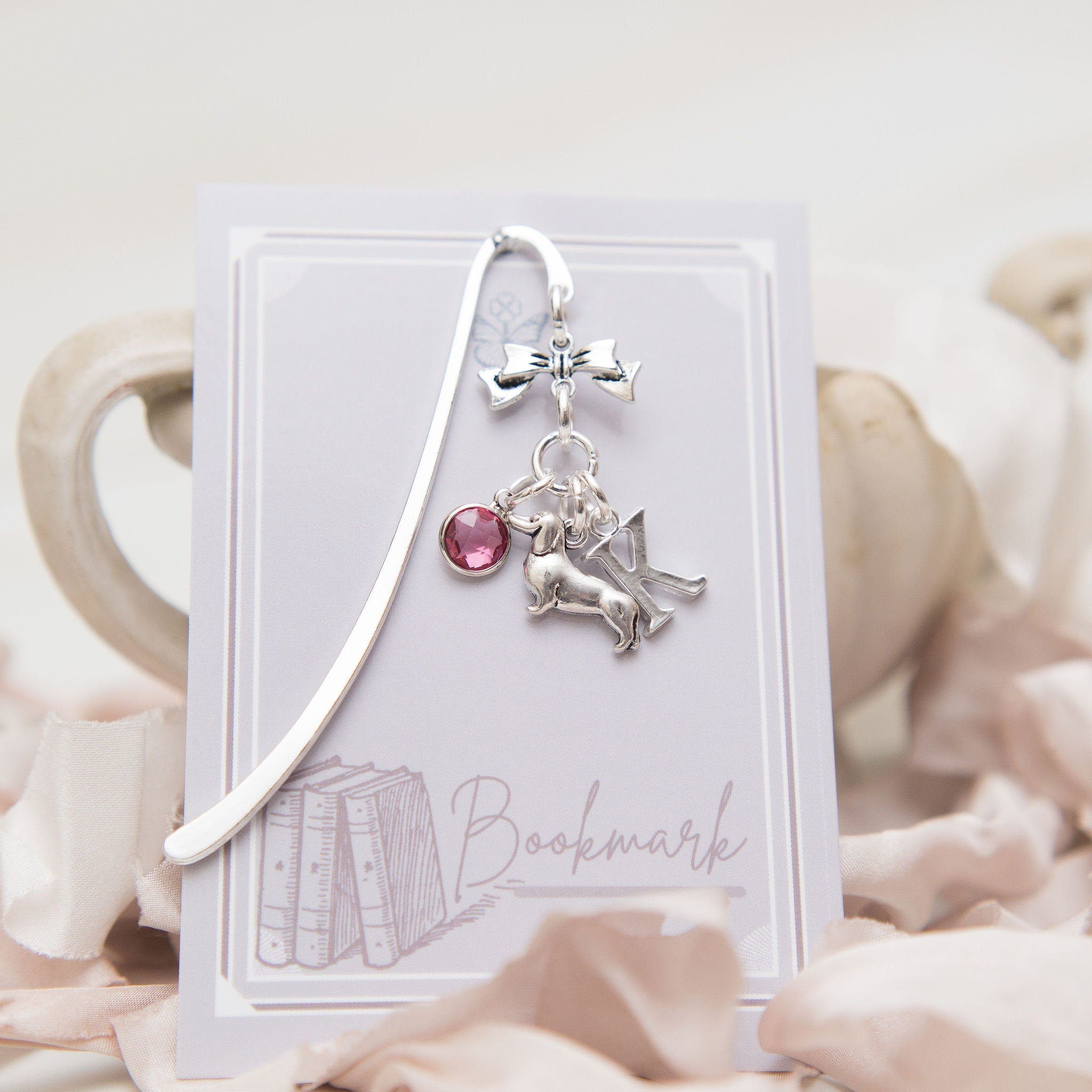 Dachshund bookmark, dog gifts, personalised gift, birthstone initial, new puppy gift, book lover gifts, dog walker thank you, wiener sausage