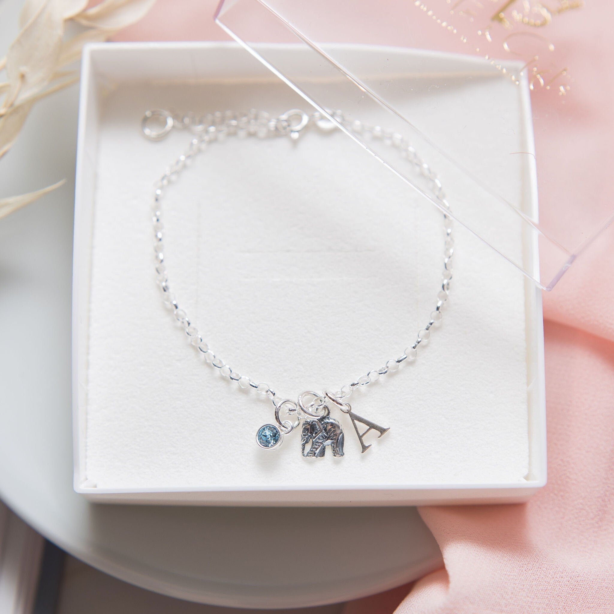 Sterling silver elephant bracelet, tiny 925 charm jewellery, personalised gifts, letter birthstone, belcher chain, good luck gifts, animal