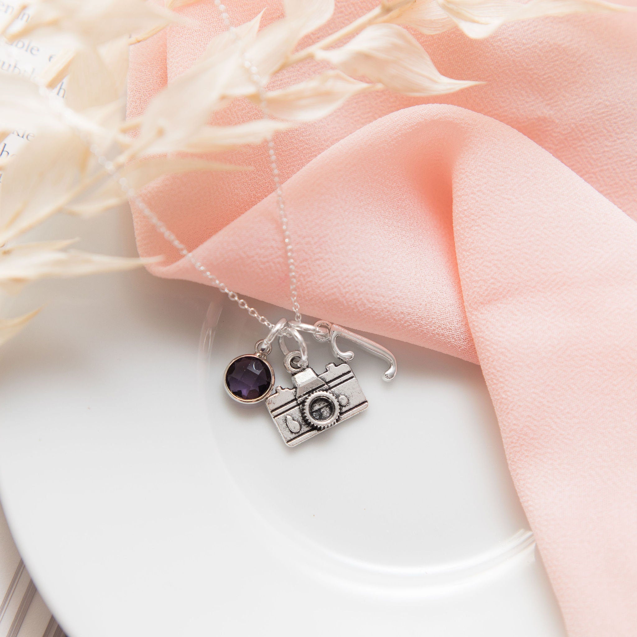 Camera necklace, personalised gifts, custom gift for photographer, initial birthstone jewellery