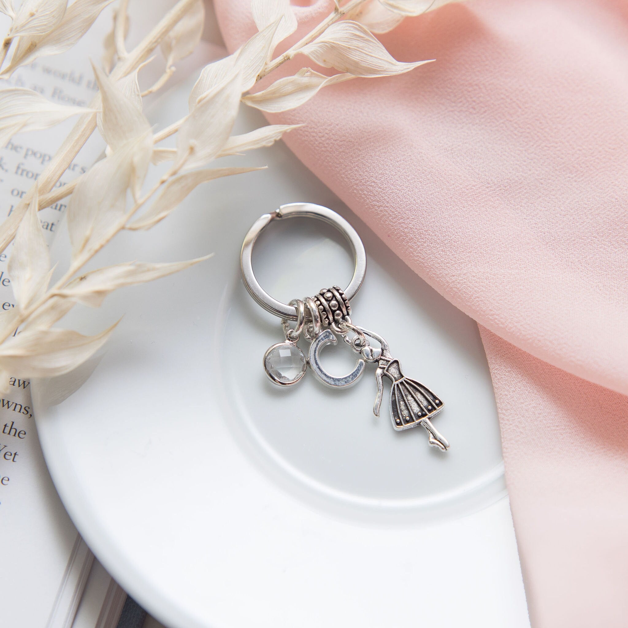 Dancer keyring, ballet keychain, personalised gifts, dancing gift, dance teacher thank you gift, birthstone and letter charm