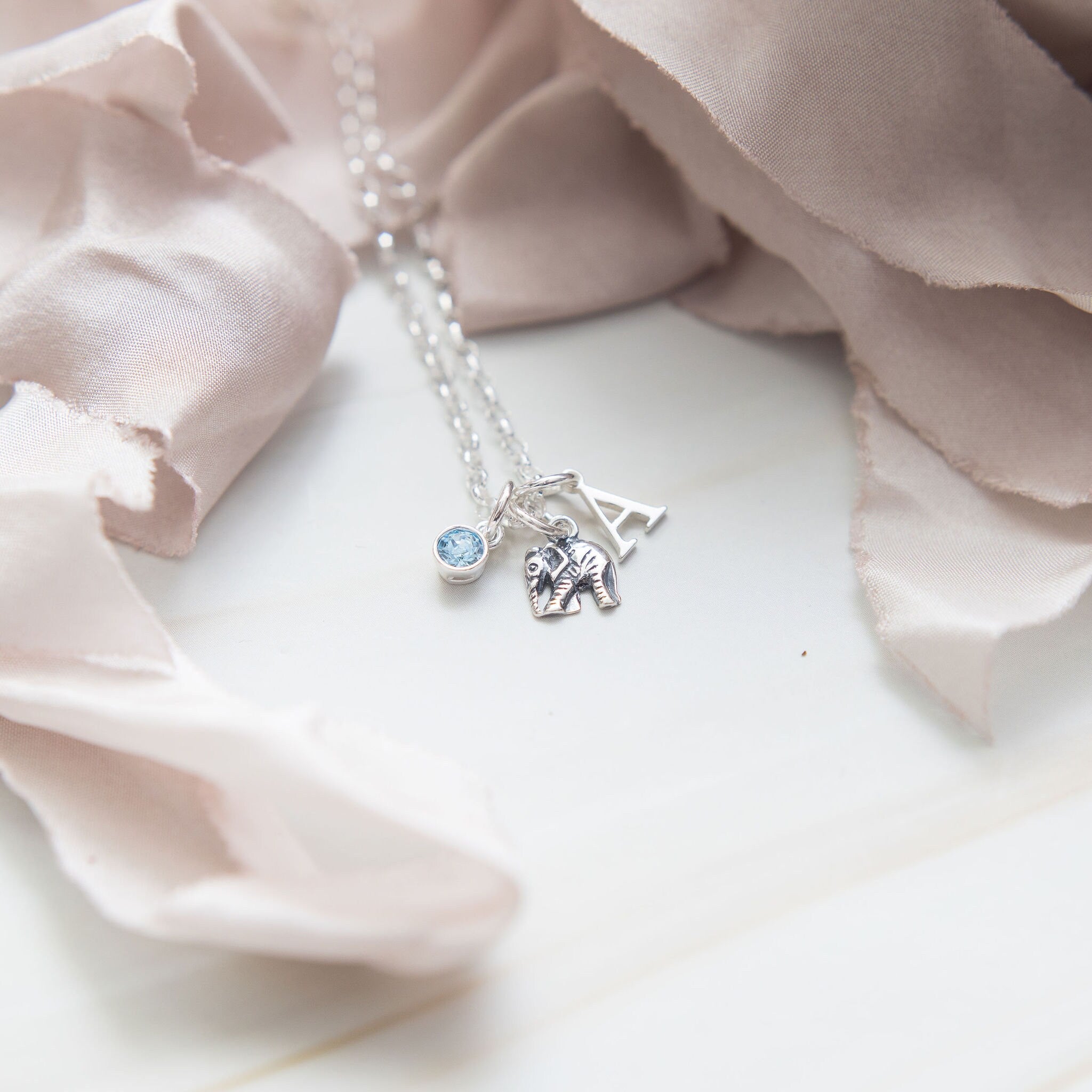 Sterling silver elephant bracelet, tiny 925 charm jewellery, personalised gifts, letter birthstone, belcher chain, good luck gifts, animal