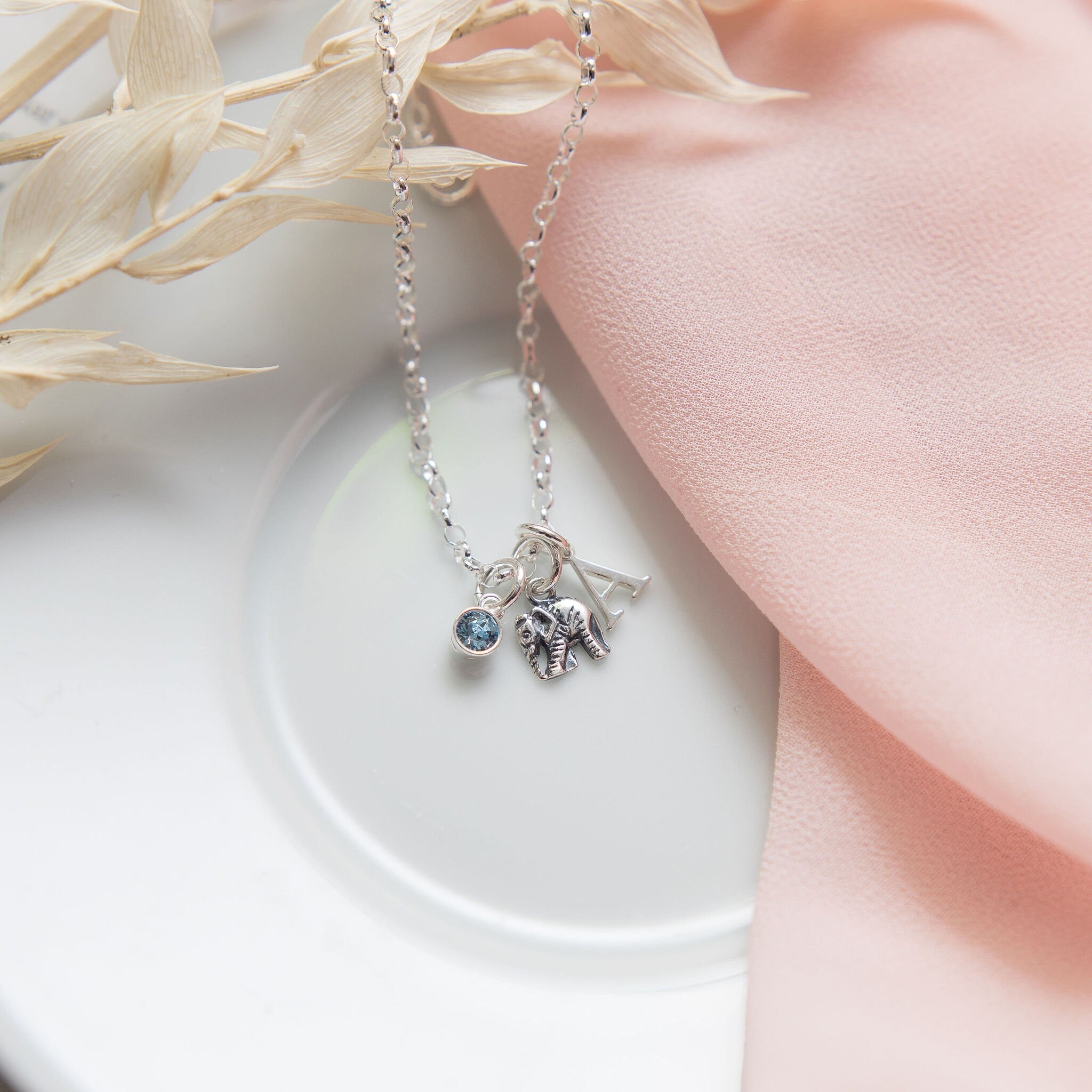 Sterling silver elephant bracelet, tiny 925 charm jewellery, personalised gifts, letter birthstone, belcher chain, good luck gifts, animal