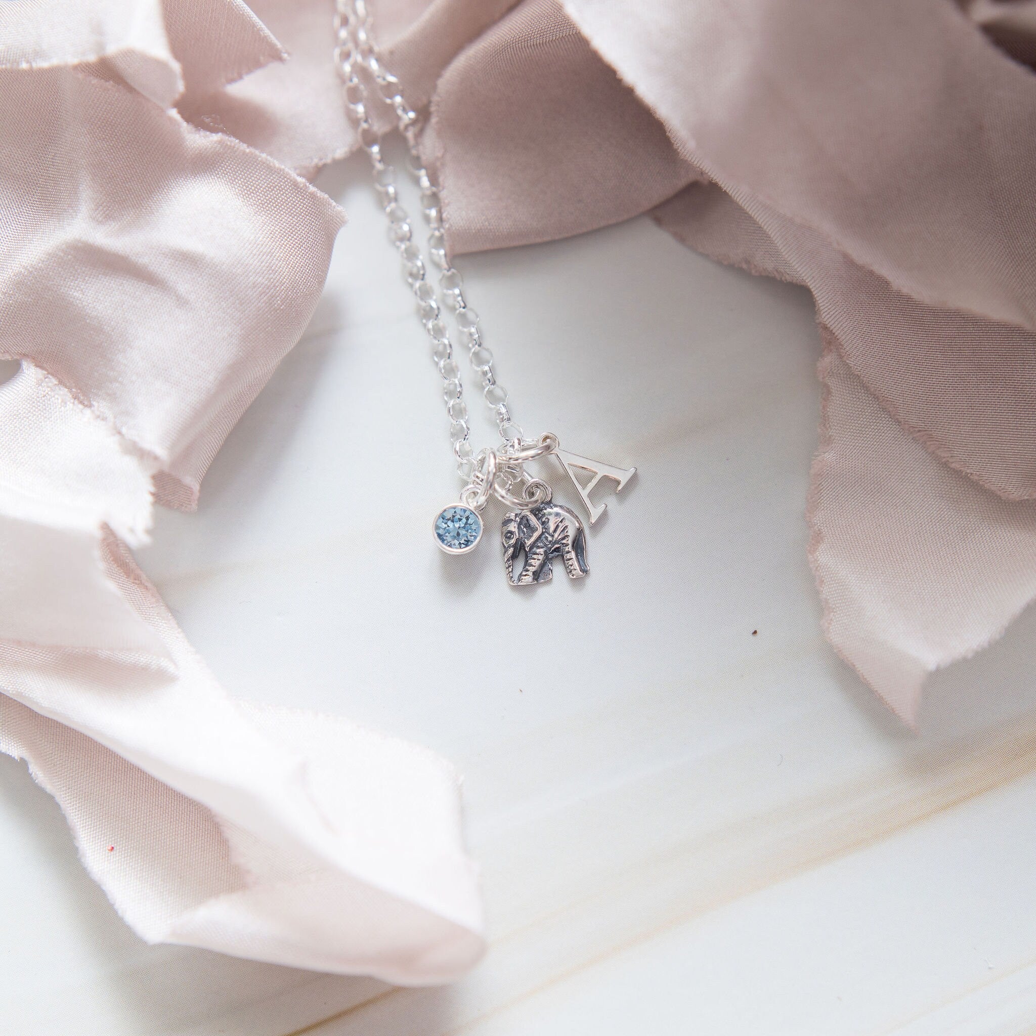 Sterling silver elephant bracelet, tiny 925 charm jewellery, personalised gifts, letter birthstone, belcher chain, good luck gifts, animal