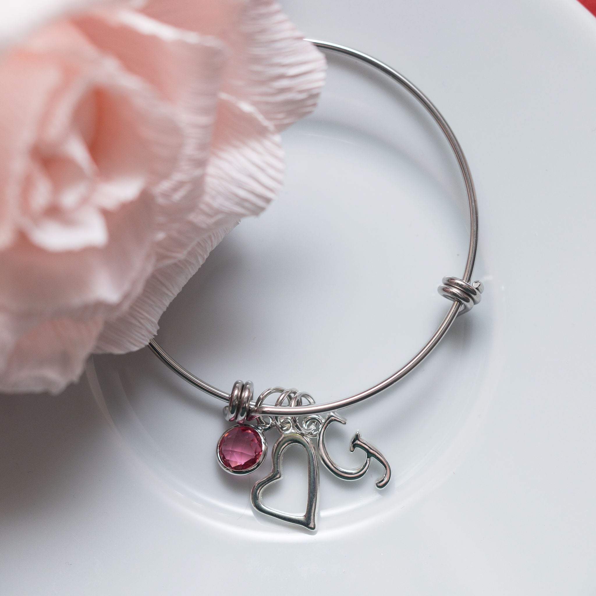Love heart bangle, Valentines jewellery, gift for girlfriend, personalised gifts, adjustable bracelet, wife anniversary, birthstone charm