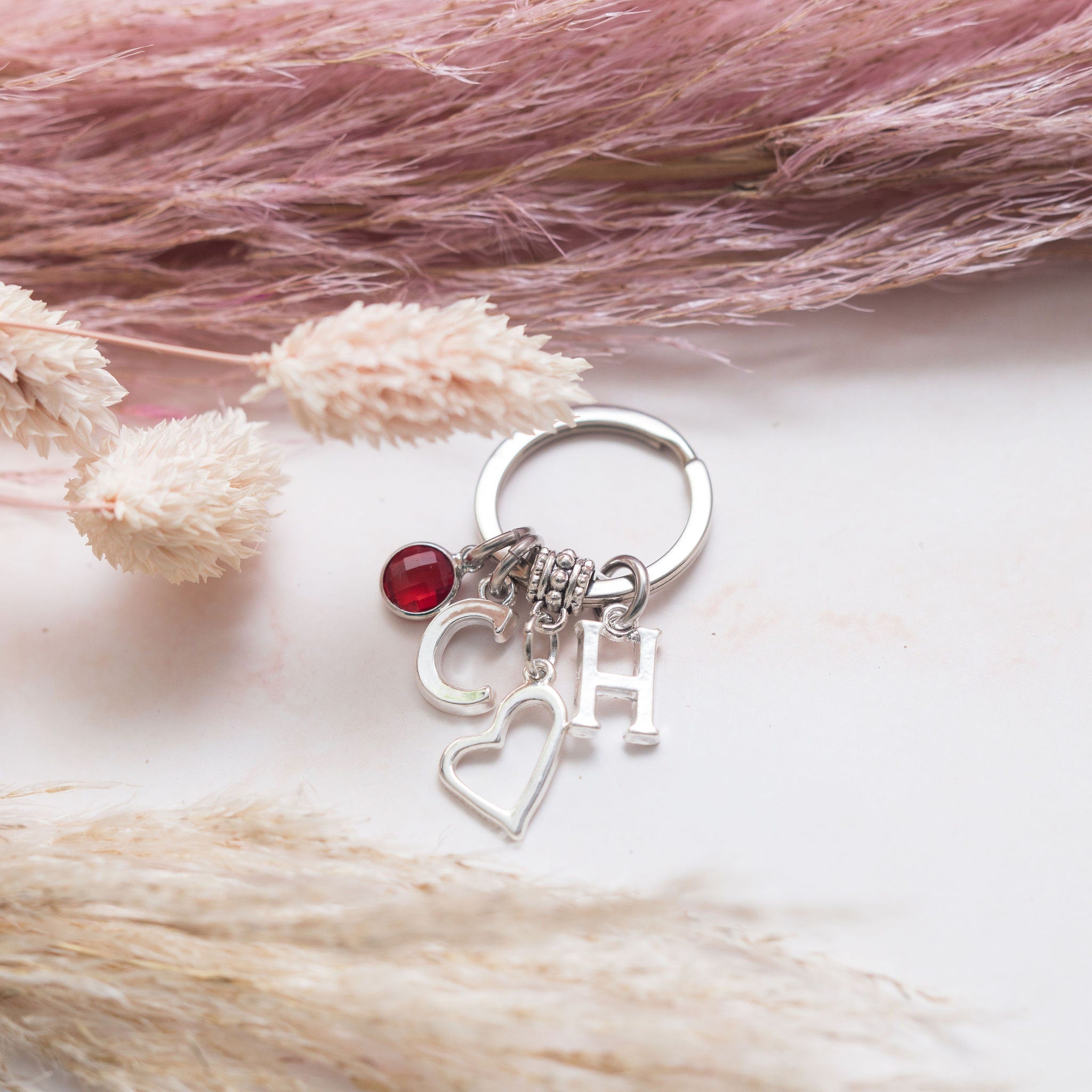 Open heart keychain, girlfriend boyfriend keyring, personalised Valentines present, love, custom gift for wife, letter initial  birthstone