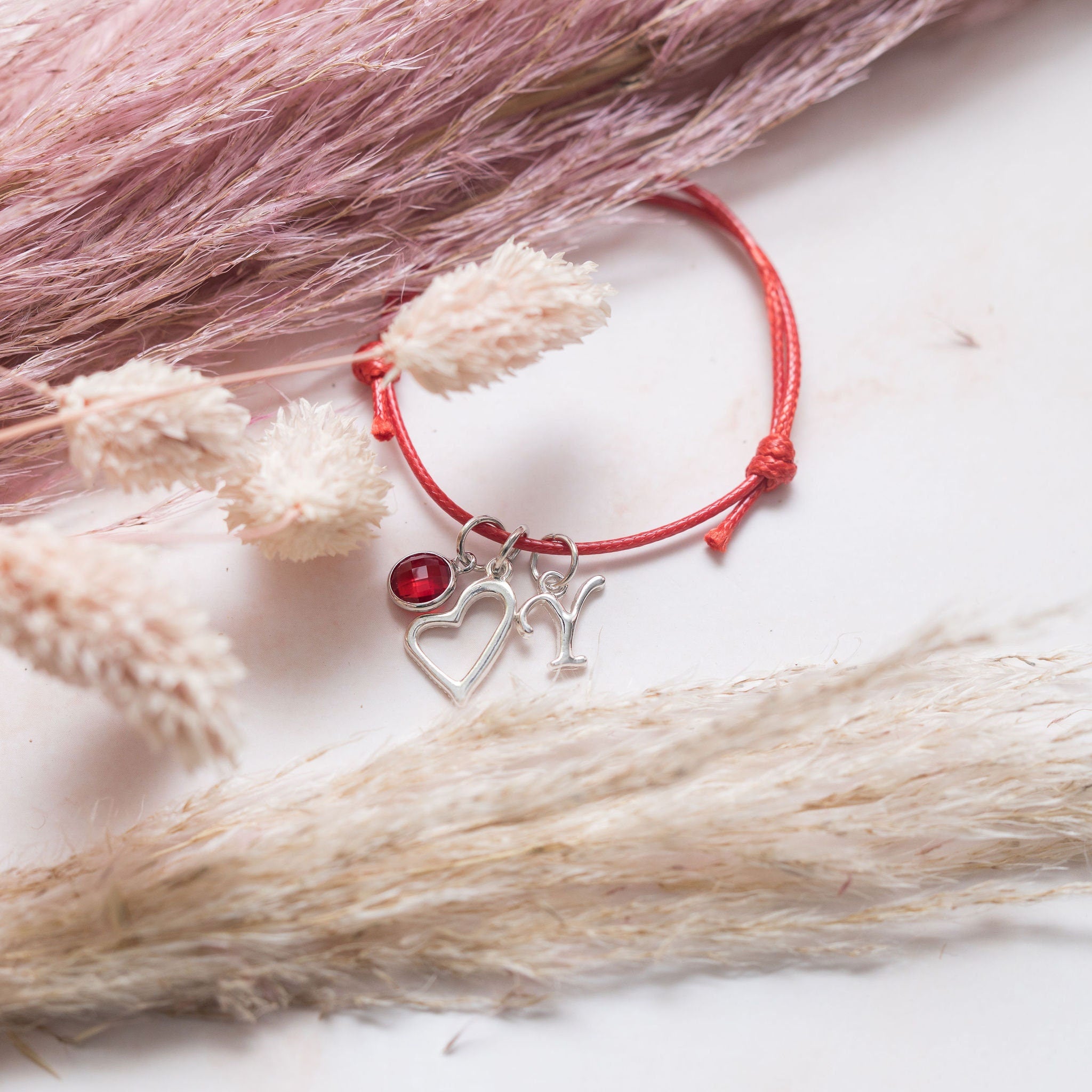 Personalised Heart Charm Bracelet: Birthstone Initial Adjustable Bangle