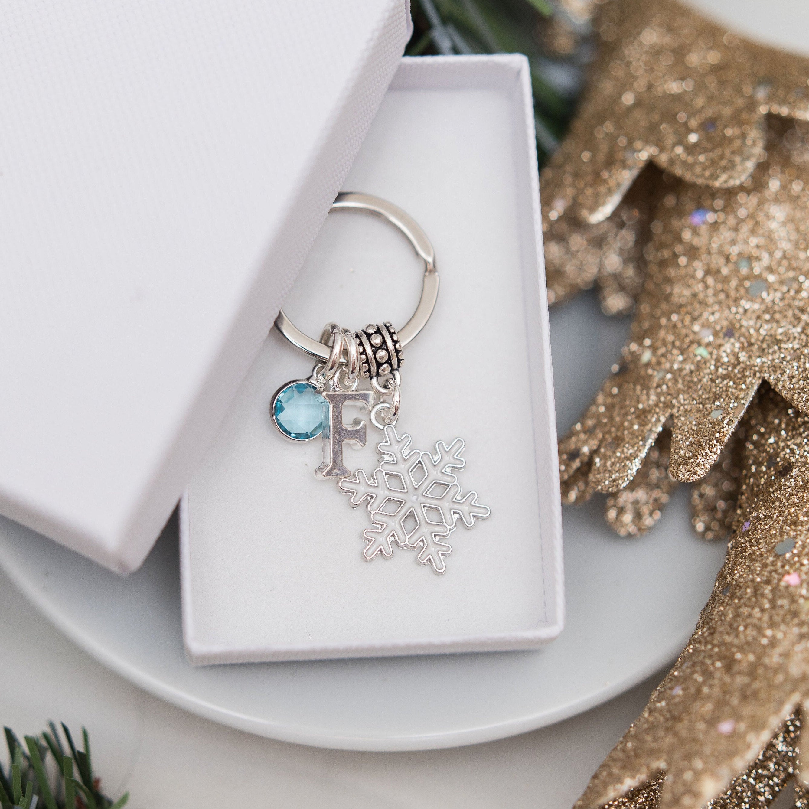 Snowflake keyring, Christmas keychain, holiday season, personalised gifts, birthstone initial, frozen ice gifts, winter charms