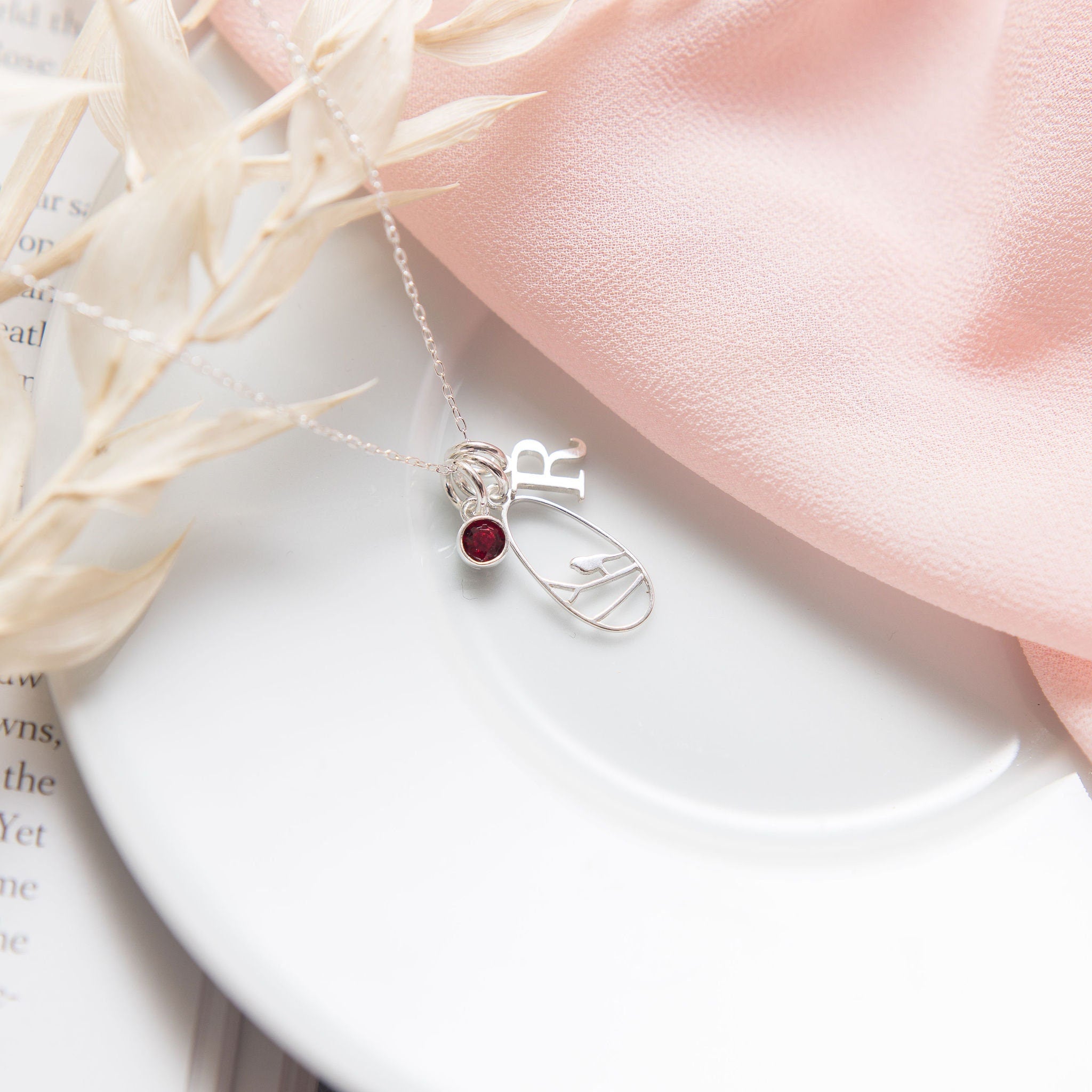 Sterling silver robin necklace, personalised gifts, 925 bird jewellery, remembrance keepsake, birthstone letter pendant, robin red breast