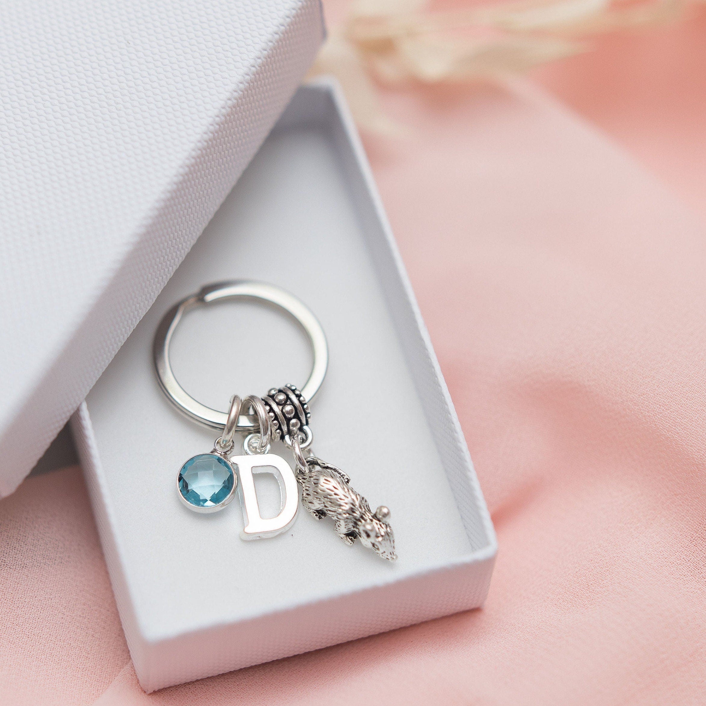 Mouse keyring, personalised mice gifts, birthstone initial keychain, rodent gift, pet loss keepsake