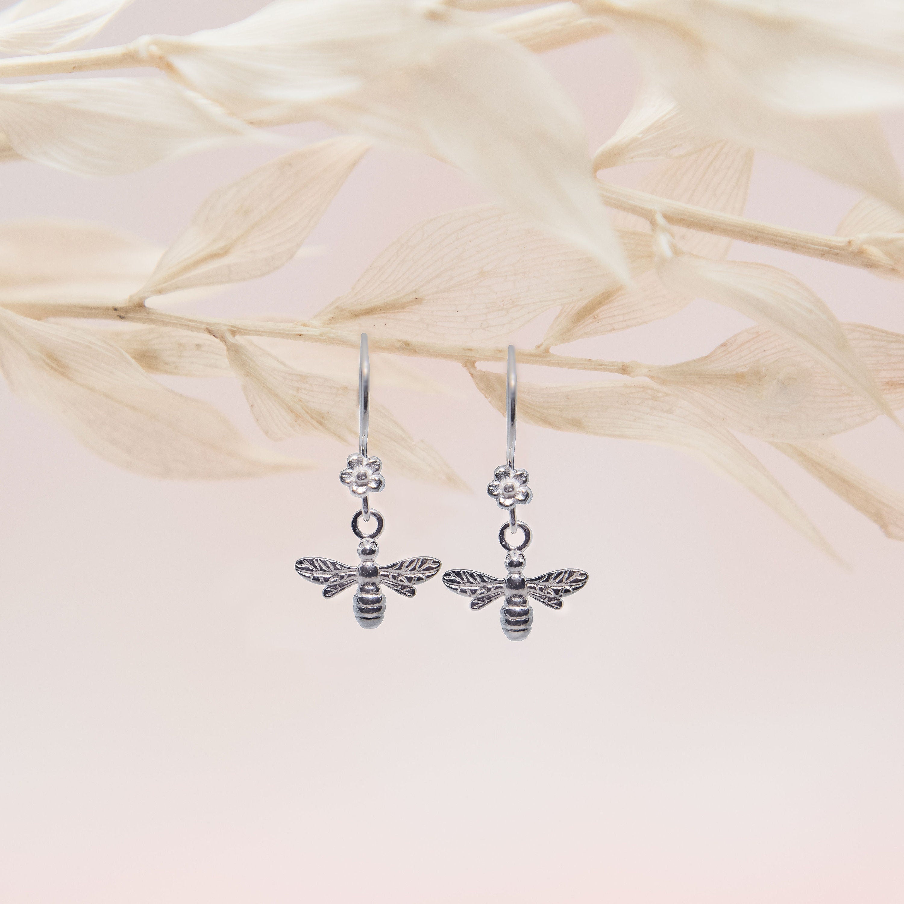 Sterling silver bee earrings, bumble bee jewellery, flower drop earring, hook ear wires, gifts for her
