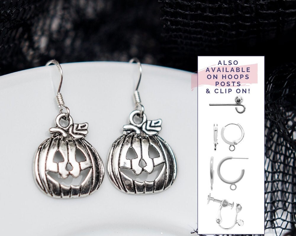 Pumpkin earrings, jack o' lantern charms, alternative, drop hooks, sterling silver ear wires, Halloween jewellery, October birthday, Autumn