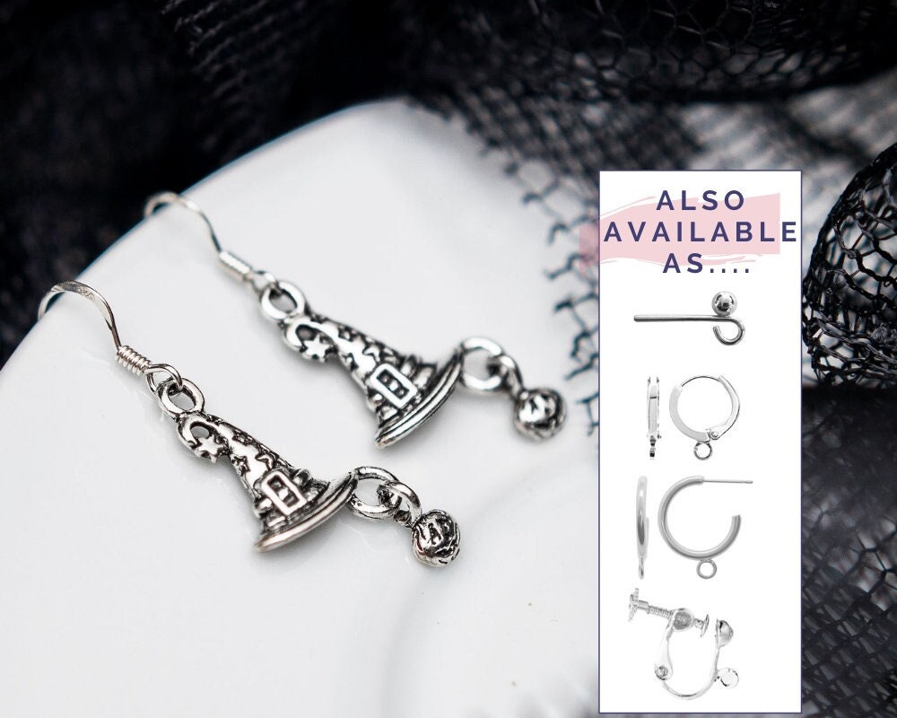 Witch hat earrings, witchy charms, alternative, drop hooks, sterling silver ear wires, Halloween jewellery, spooky pumpkin, gothic gift