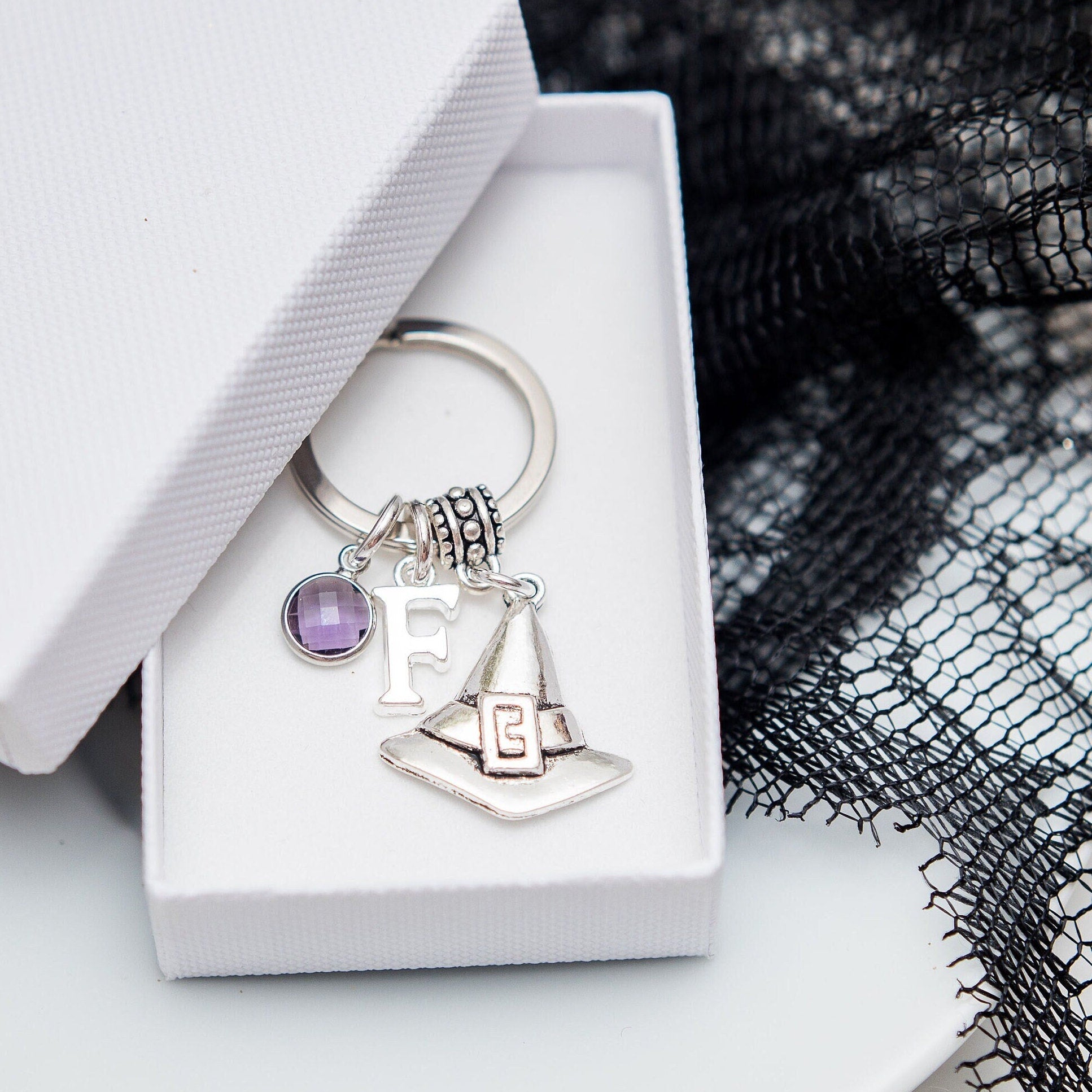 Witch hat keyring, Halloween keychain, witchy bag charm, personalised gifts, birthstone initial jewellery, goth accessories, trick or treat