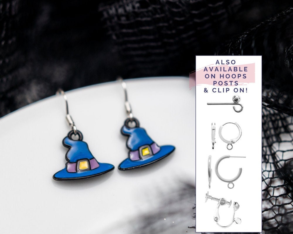 Blue witch hat earrings, enamel dangling wizard charms, drop hooks, sterling silver ear wires, Halloween jewellery, witchy gothic