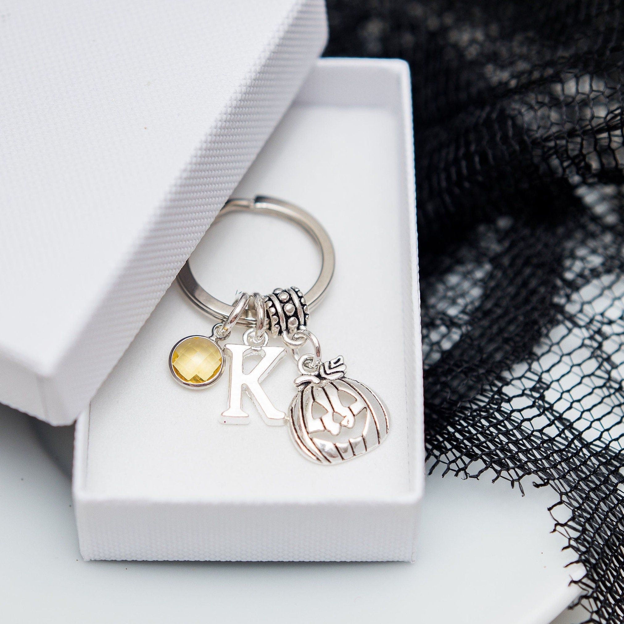 Pumpkin keyring, Halloween keychain, October birthday, autumnal, personalised gifts, birthstone initial jeweller, trick or treat favours