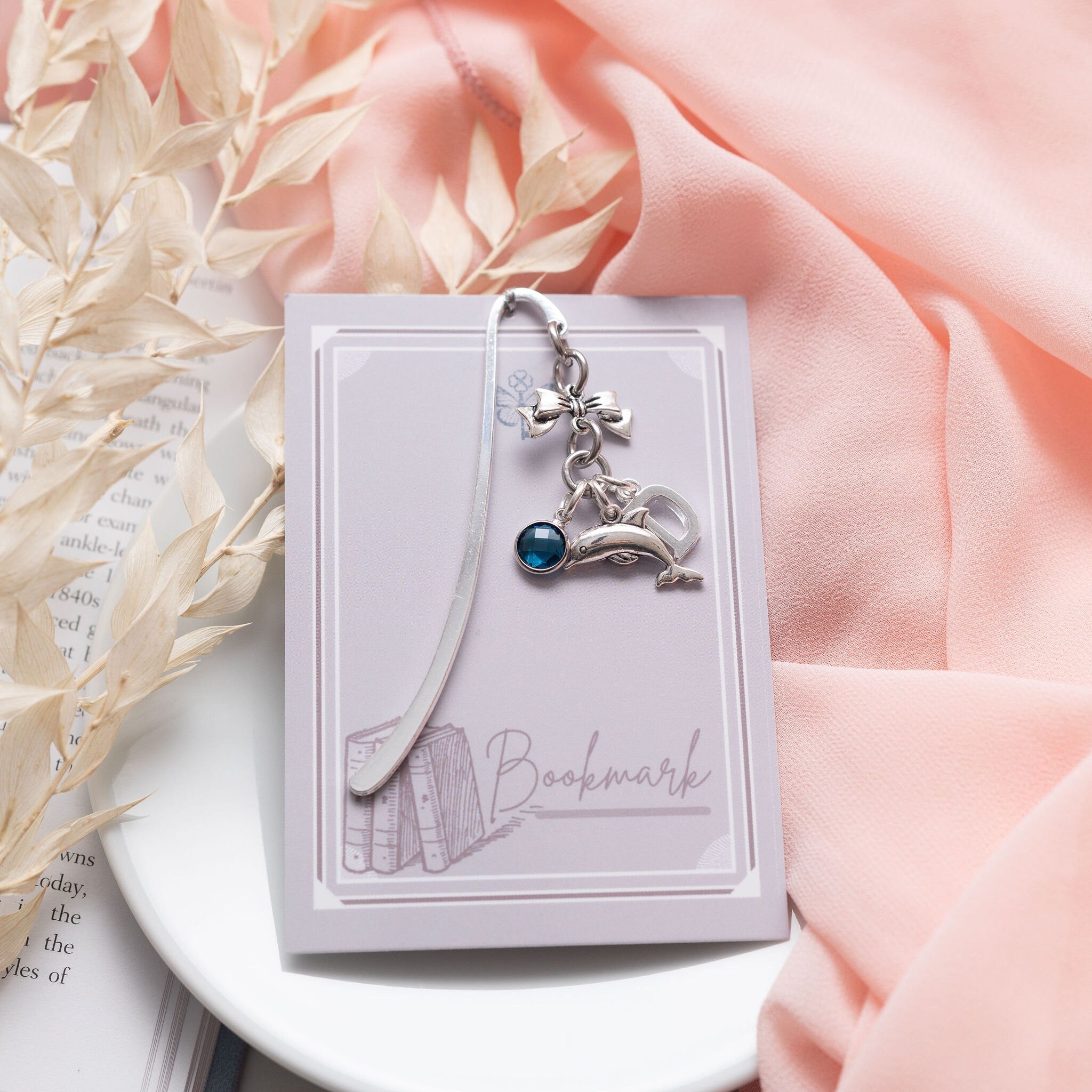 Dolphin bookmark, personalised gifts, birthstone and initial gift, metal charm page marker, ocean animal fans