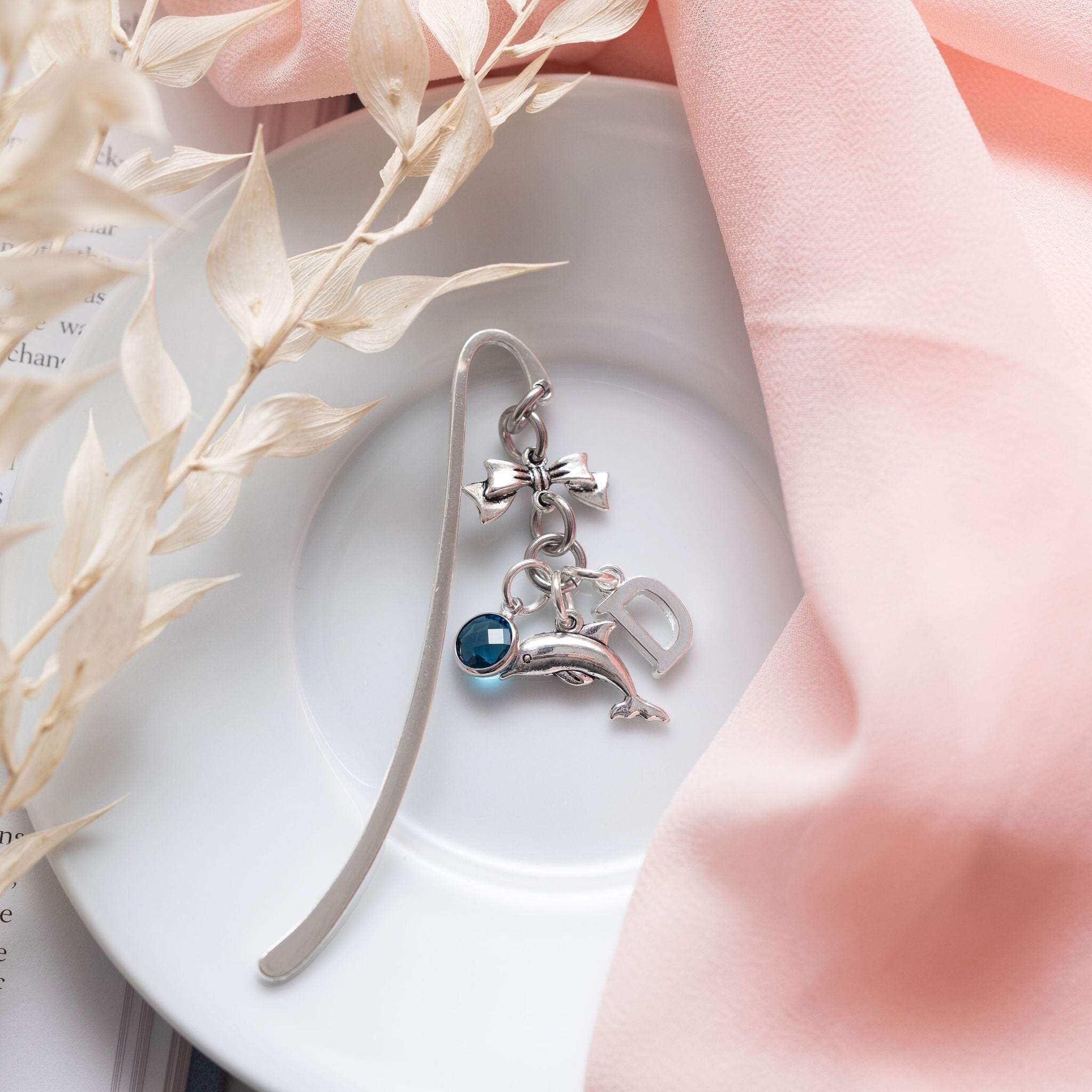 Dolphin bookmark, personalised gifts, birthstone and initial gift, metal charm page marker, ocean animal fans