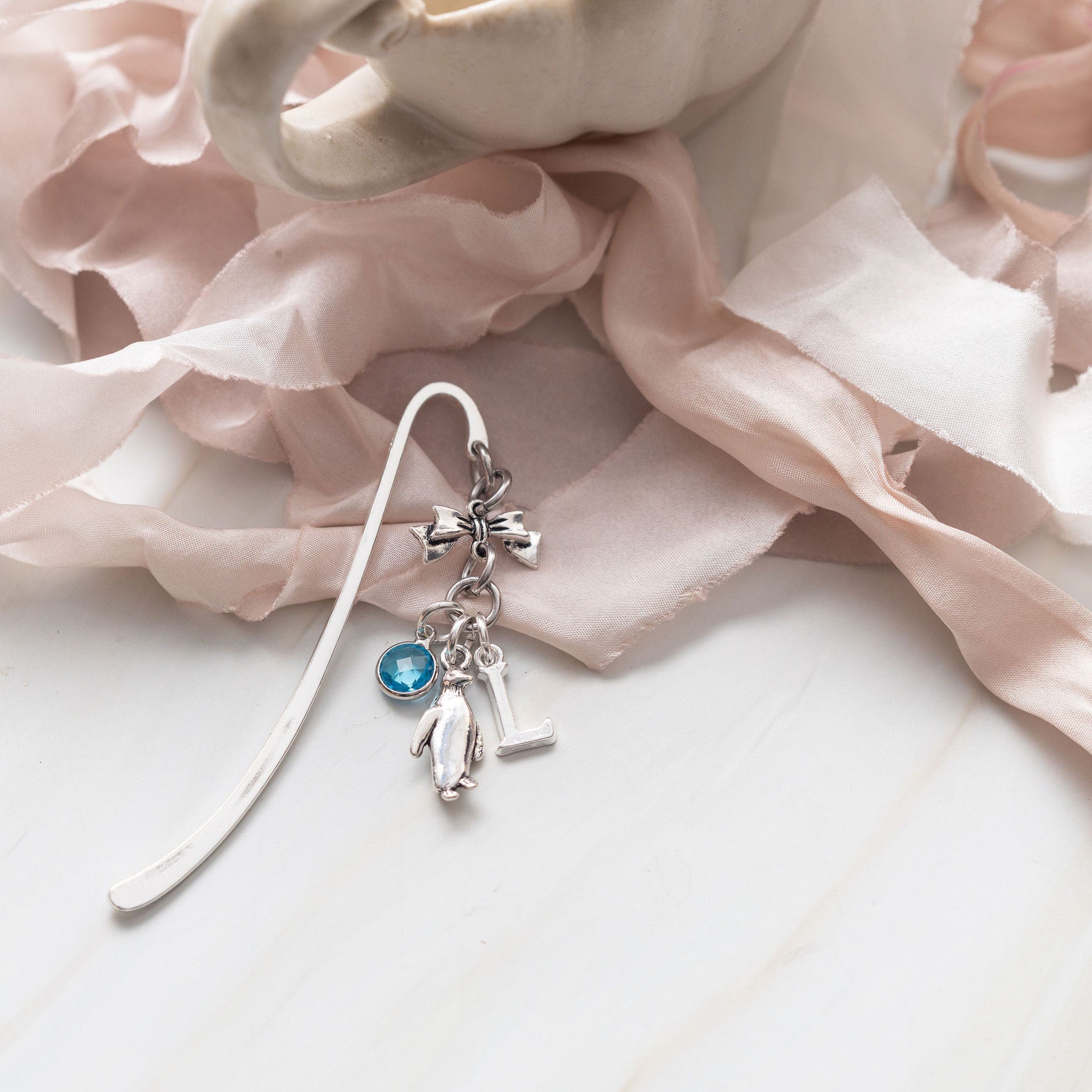 Penguin bookmark, personalised gifts, birthstone and initial, metal charm page marker, sea bird animal accessory, custom Antarctic present