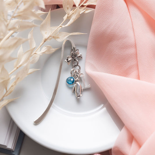 Penguin bookmark, personalised gifts, birthstone and initial, metal charm page marker, sea bird animal accessory, custom Antarctic present