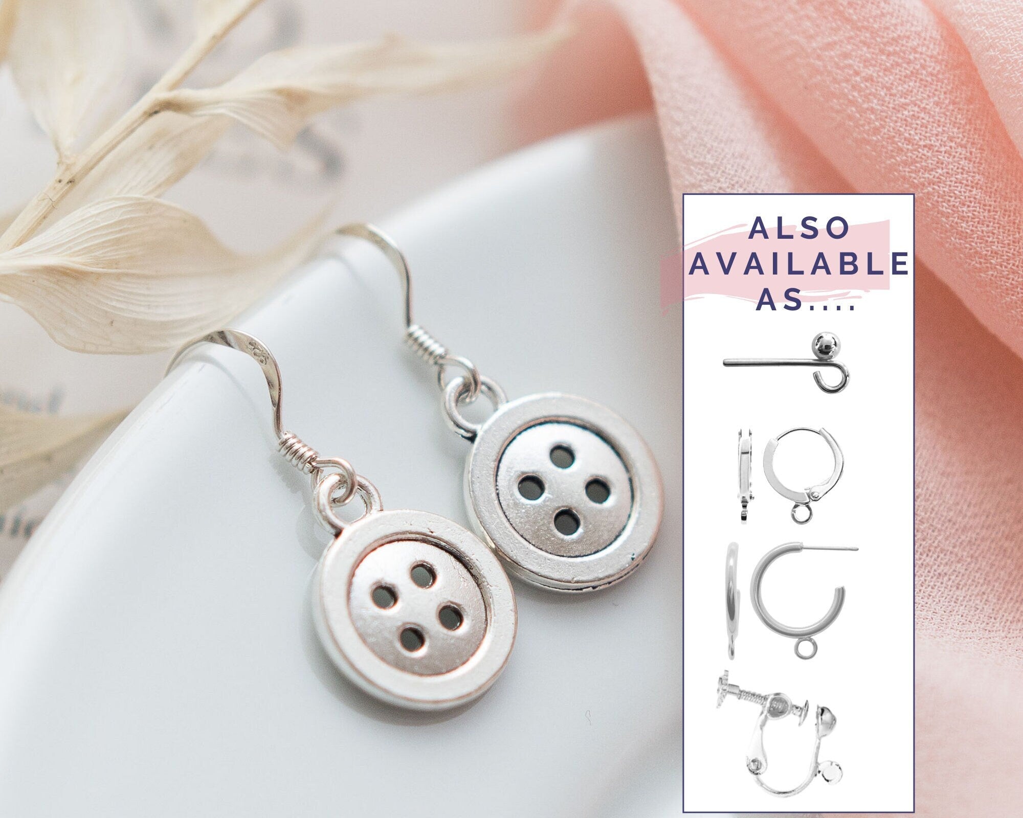Button earrings, sewer hoops, clip on non-pierced, gifts for dressmaker, seamstress jewellery, sewing teacher present, drop dangle charm