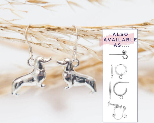 Dachshund earrings, sausage dog owner gift, dog charm hoops, non-pierced clip on, women's jewellery, hook ear wire, pet loss remembrance