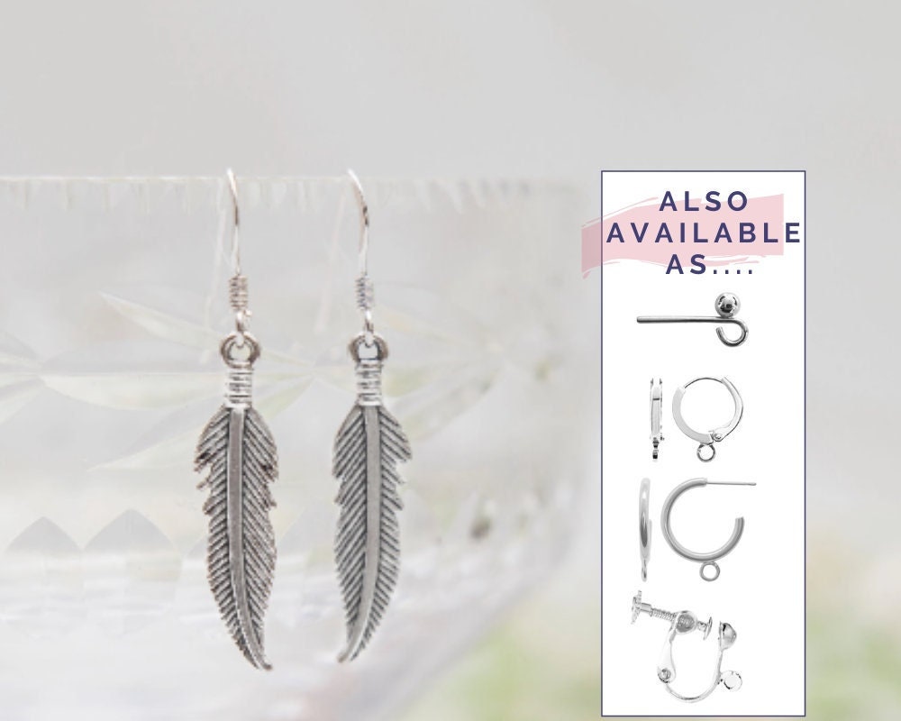 Feather earrings, boho hoop earring, leverback ear, non-pierced clip on, women's bird jewellery, wing remembrance gifts, dangle drop charm