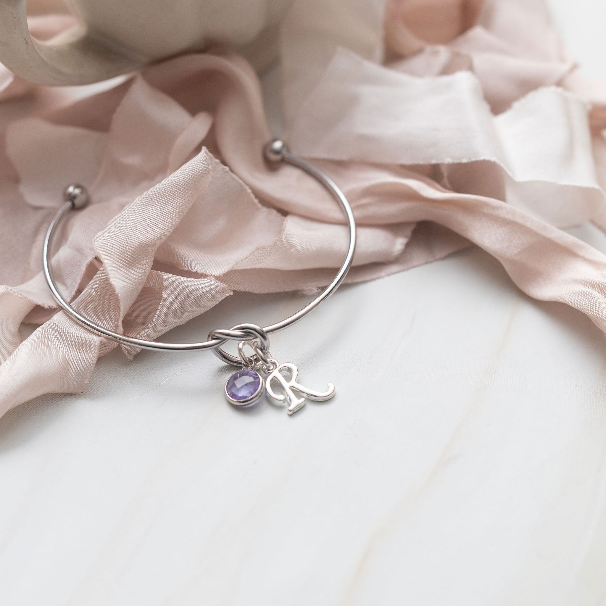 Personalised knot bangle, bridesmaid present, tie the know gift, friendship charm bracelet, birthday gift for her, custom women's jewellery