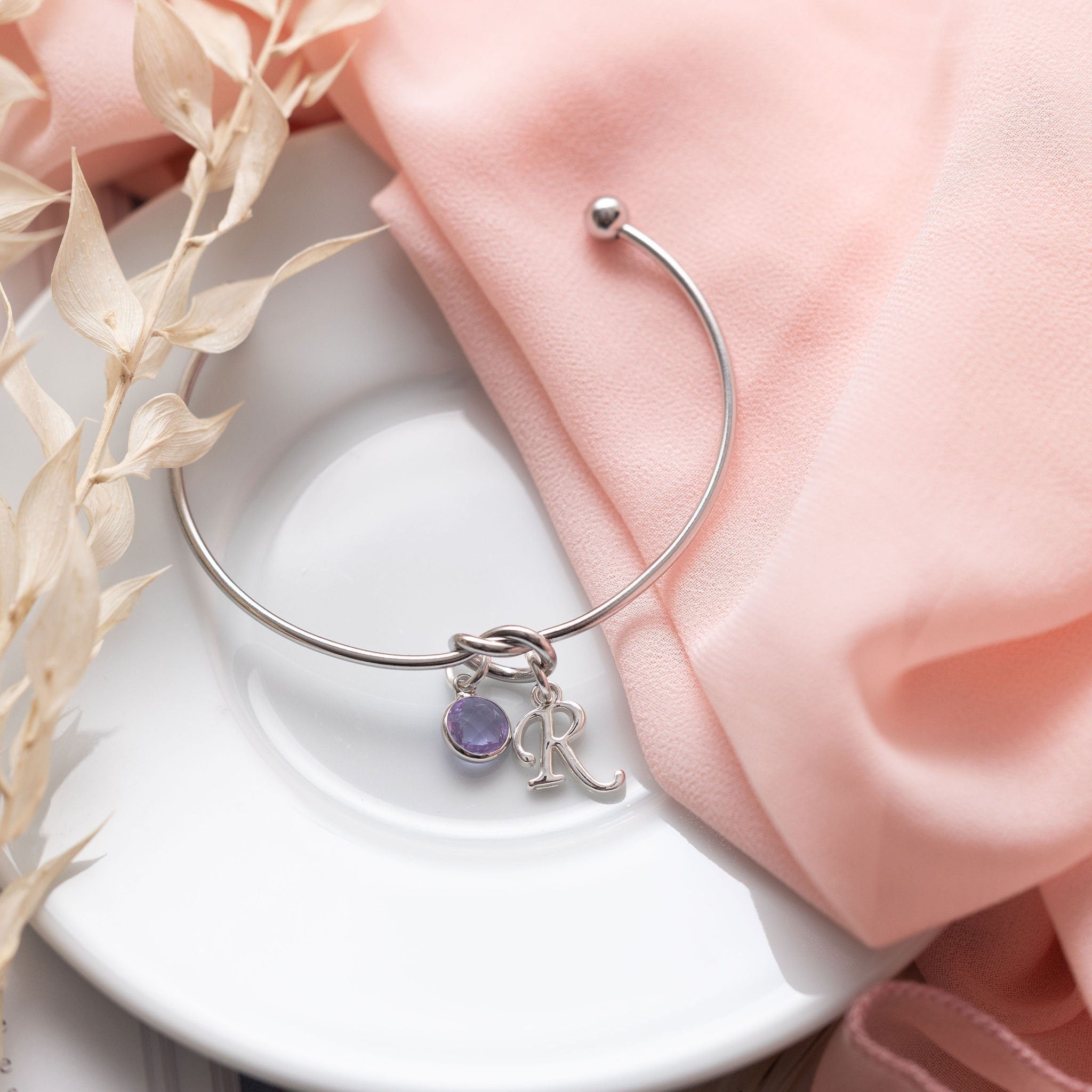 Personalised knot bangle, bridesmaid present, tie the know gift, friendship charm bracelet, birthday gift for her, custom women's jewellery