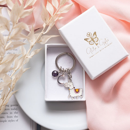 Llama keyring, enamel alpaca charm keychain, personalised gifts, letter birthstone, custom bag charm, colourful pendant, animal accessory