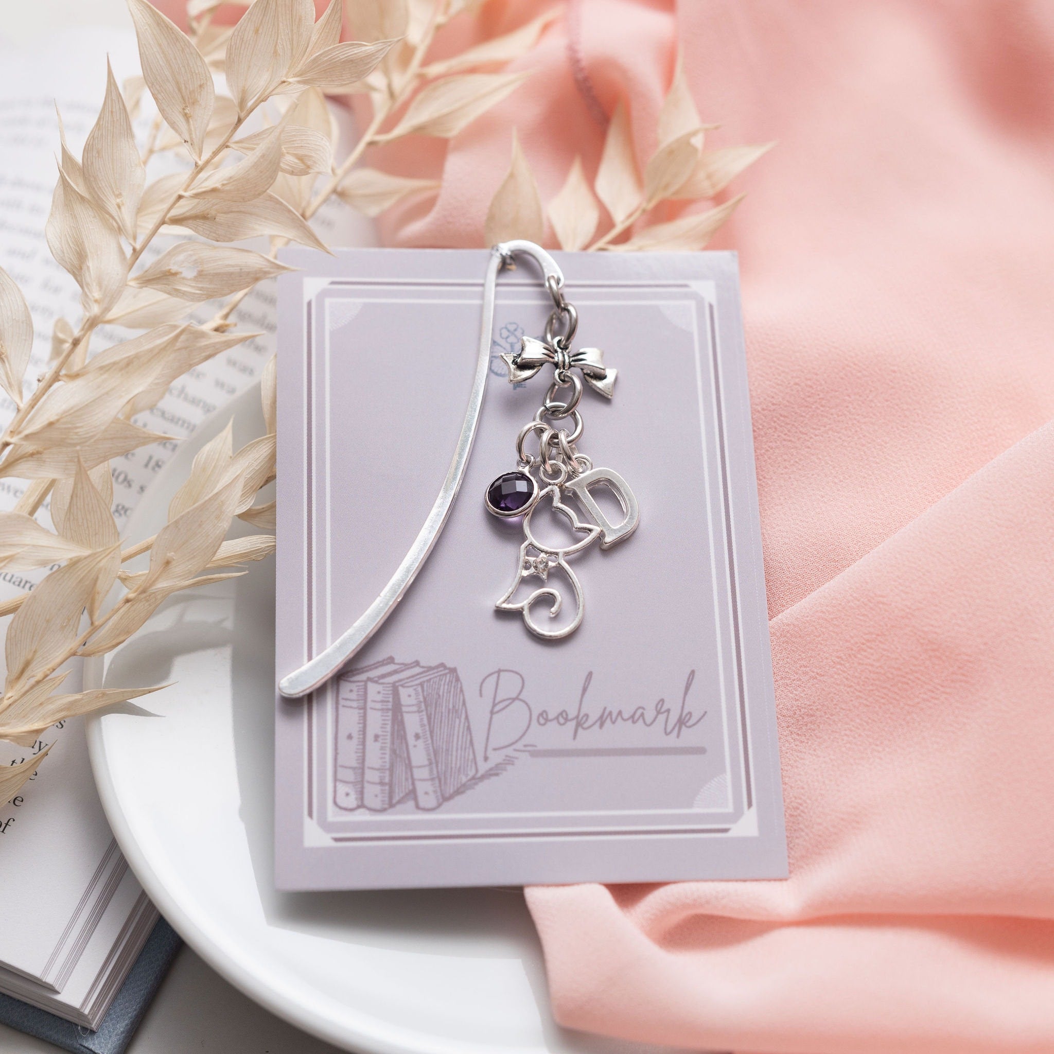 Cat bookmark, gift for reader, personalised gifts, birthstone letter, metal page marker, cute animal gift, kitten owner keepsake, pet loss