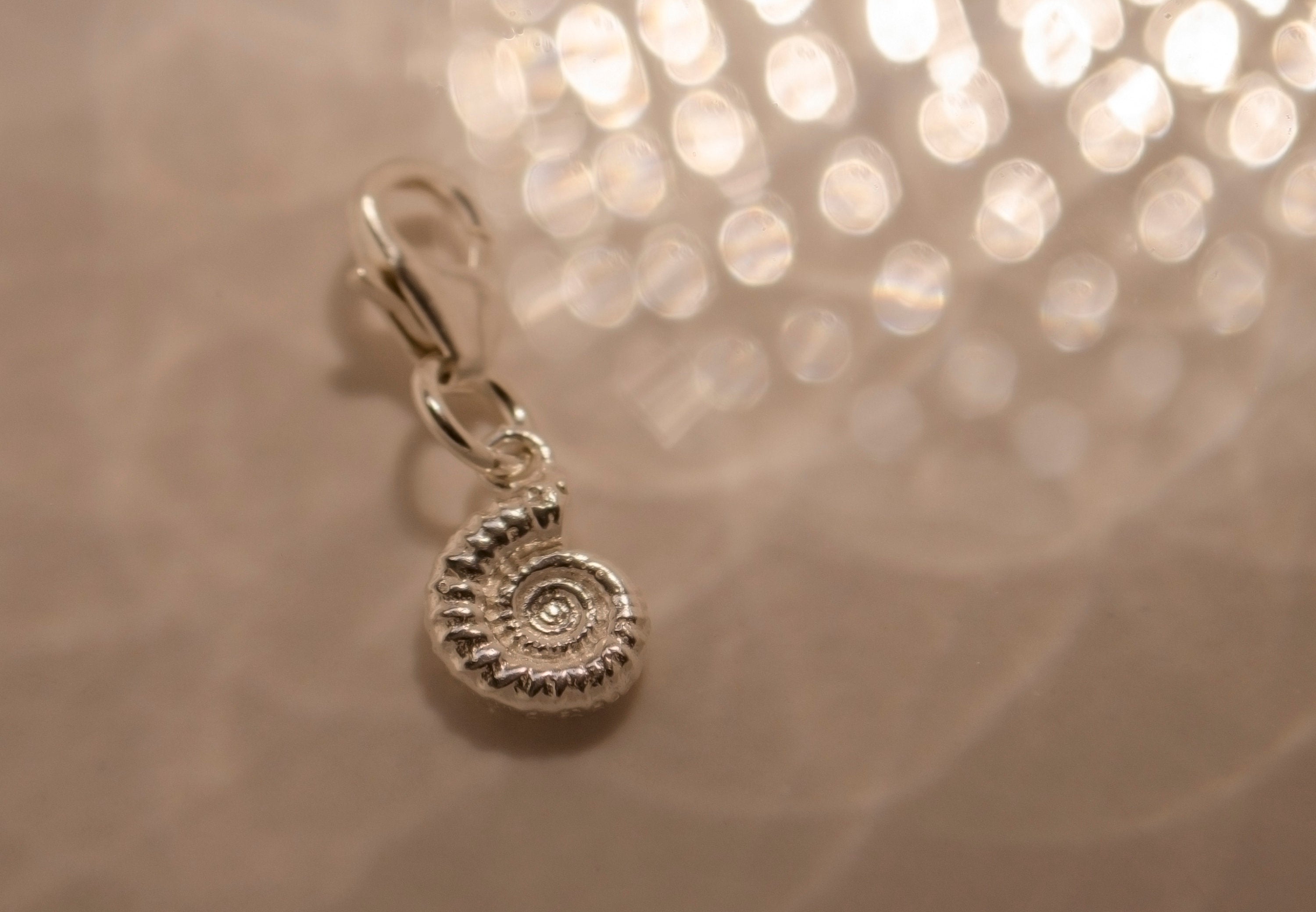 Silver ammonite charm, 925 sterling silver, clip on charms for bracelet, lobster clasp pendant, shell gifts fossil jewellery ocean accessory