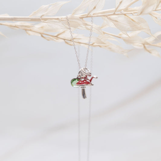 Red toadstool necklace, enamel mushroom charm, personalised gifts, whimsical accessory, fairy-tale woodland gift, English cottage style