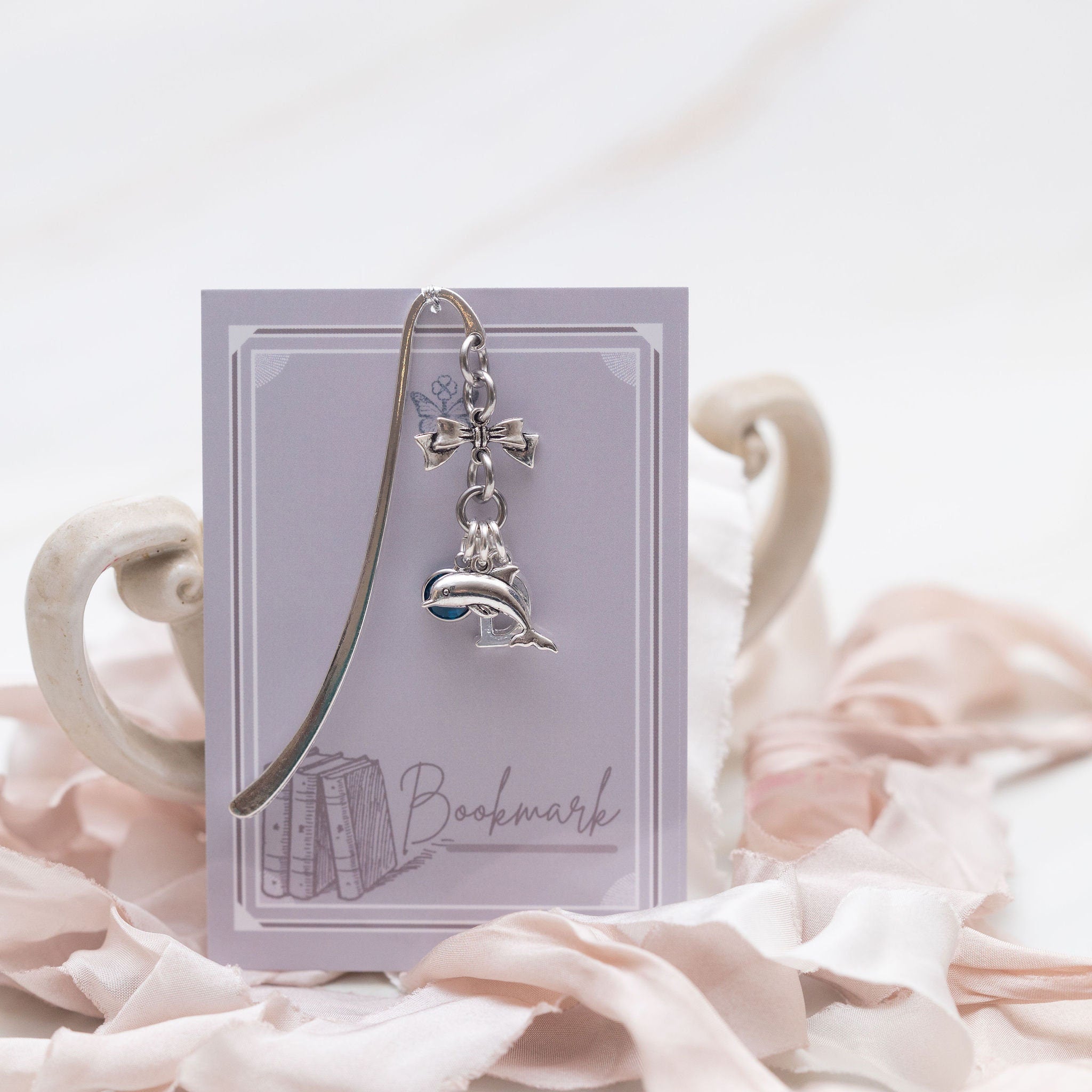 Dolphin bookmark, personalised gifts, birthstone and initial gift, metal charm page marker, ocean animal fans