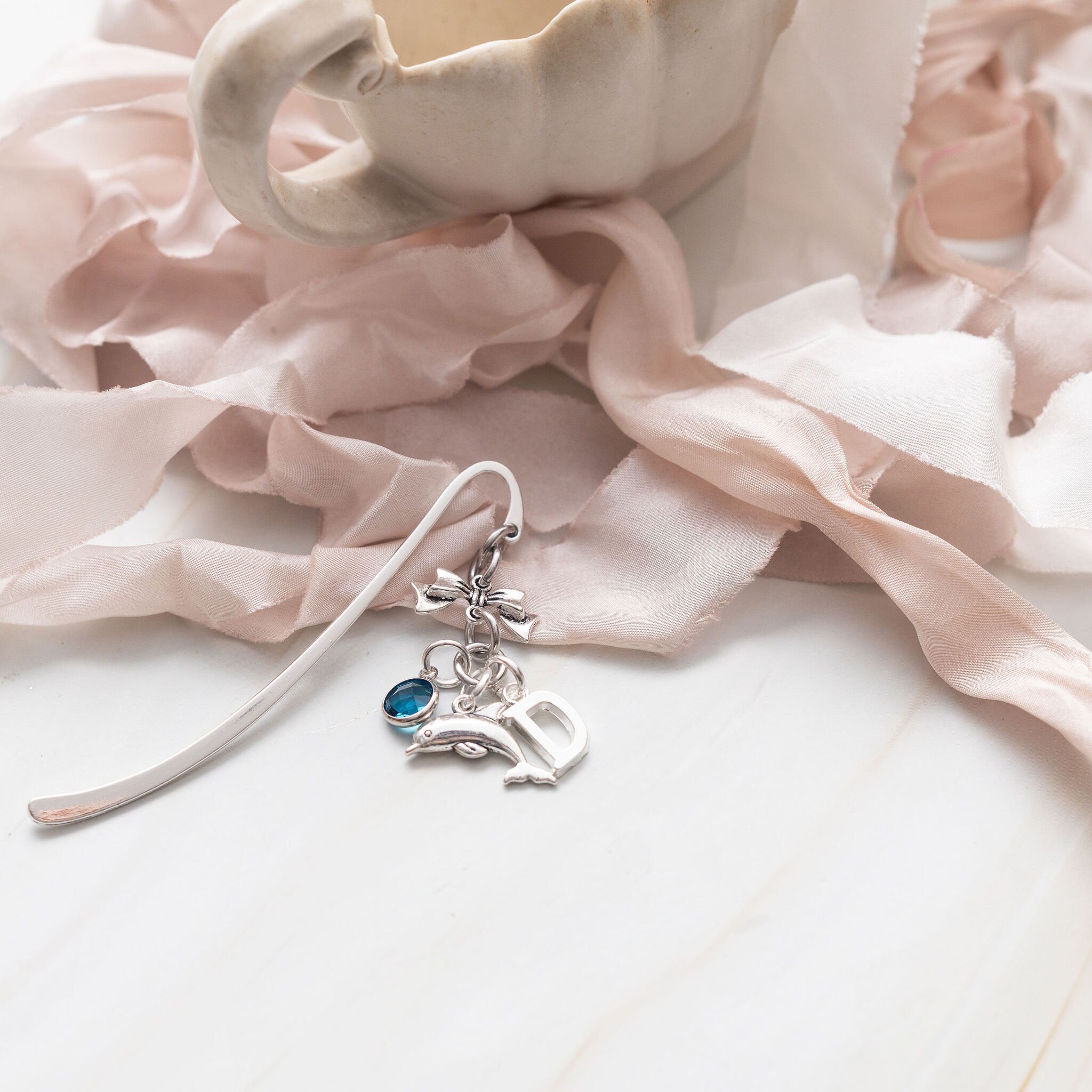 Dolphin bookmark, personalised gifts, birthstone and initial gift, metal charm page marker, ocean animal fans