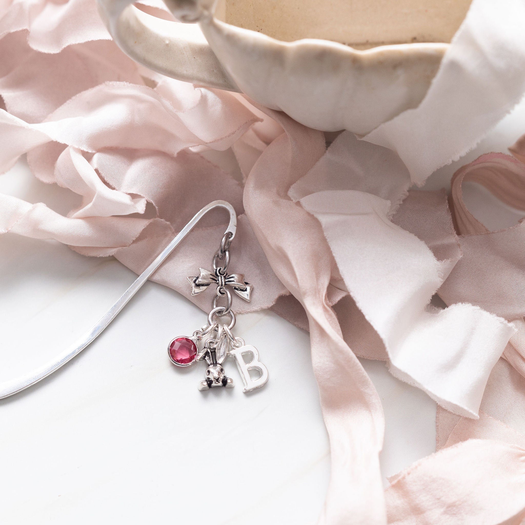 Rabbit bookmark, personalised gifts, birthstone and initial, metal charm page marker, bunny owner, pet loss keepsake, Easter basket filler