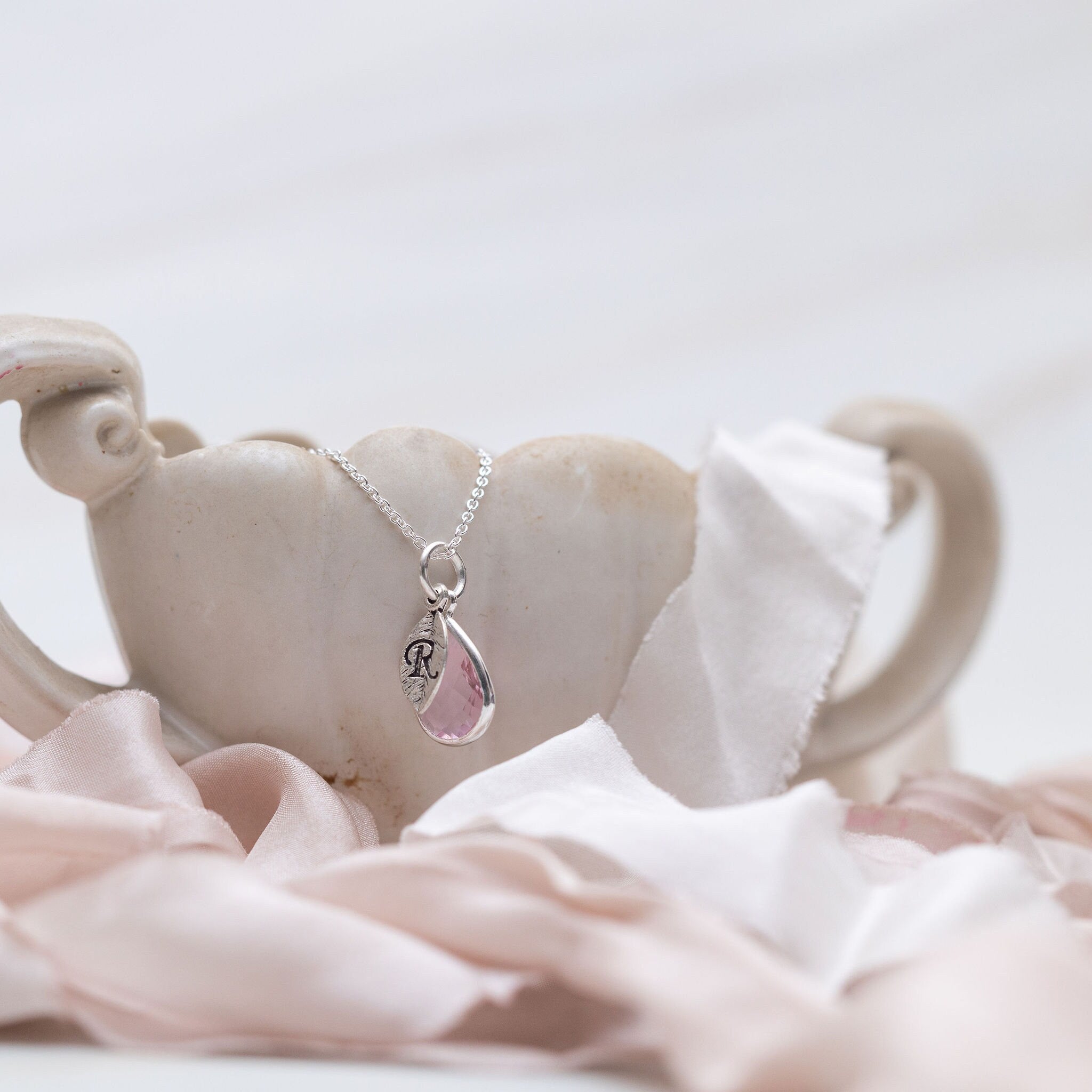 Birthstone Necklace: Initial Letter, Leaf Charm, Teardrop Pendant