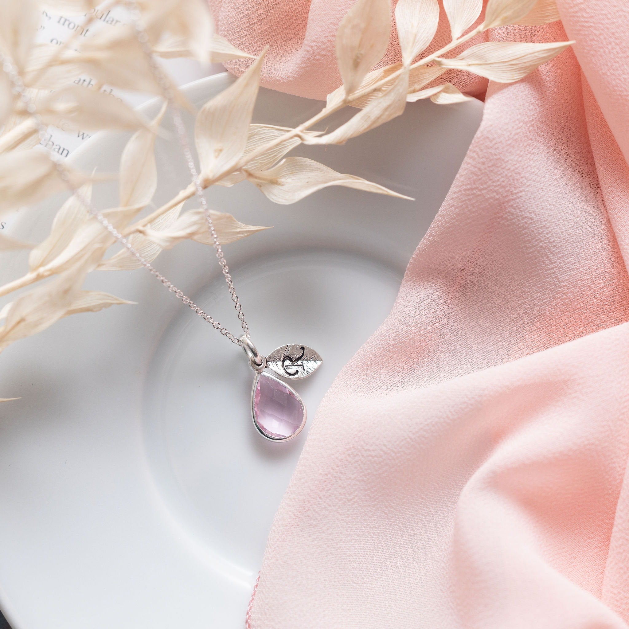 Birthstone necklace, initial letter jewellery, leaf nature charm, faceted glass teardrop pendant, personalised gifts, birthday gift for her