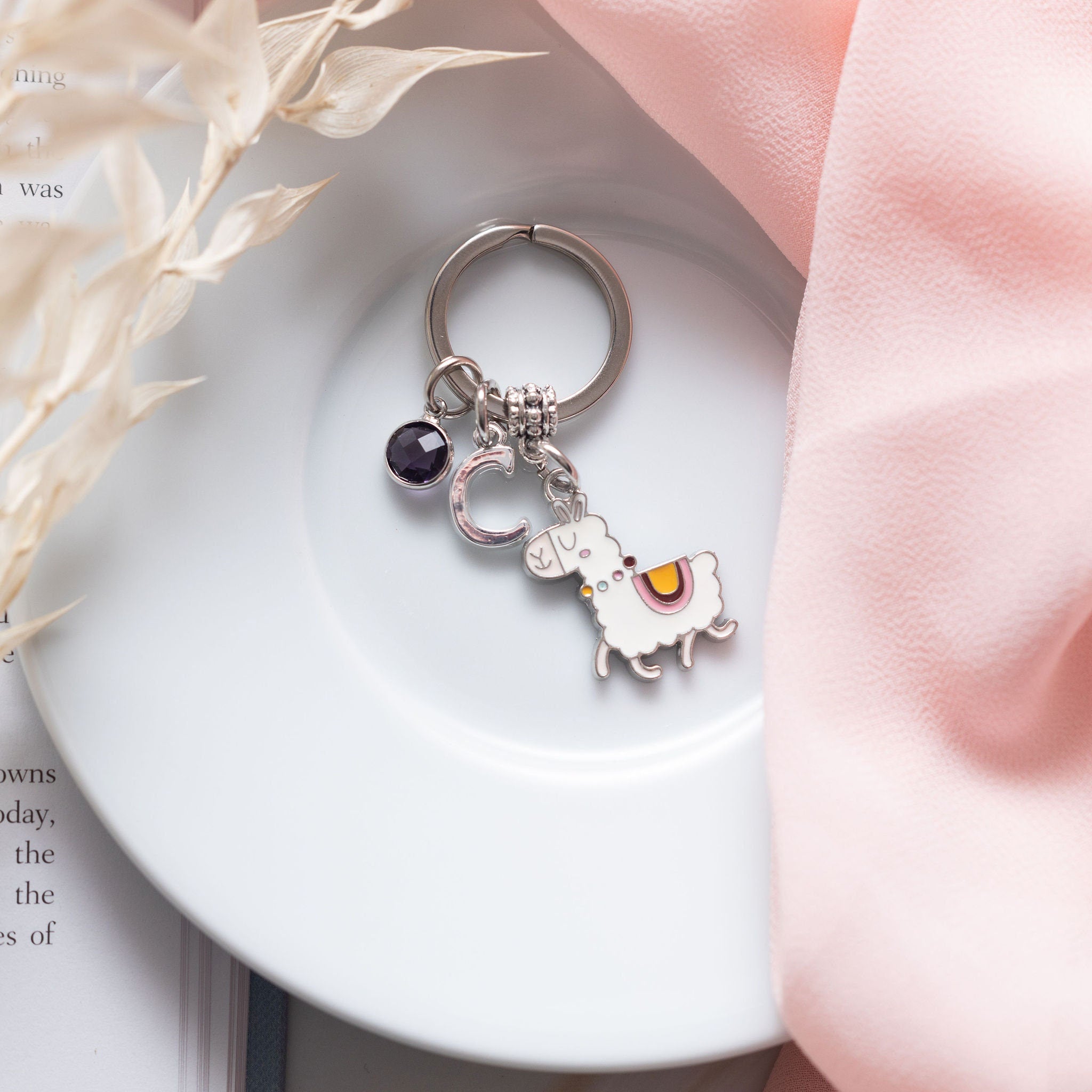 Llama keyring, enamel alpaca charm keychain, personalised gifts, letter birthstone, custom bag charm, colourful pendant, animal accessory