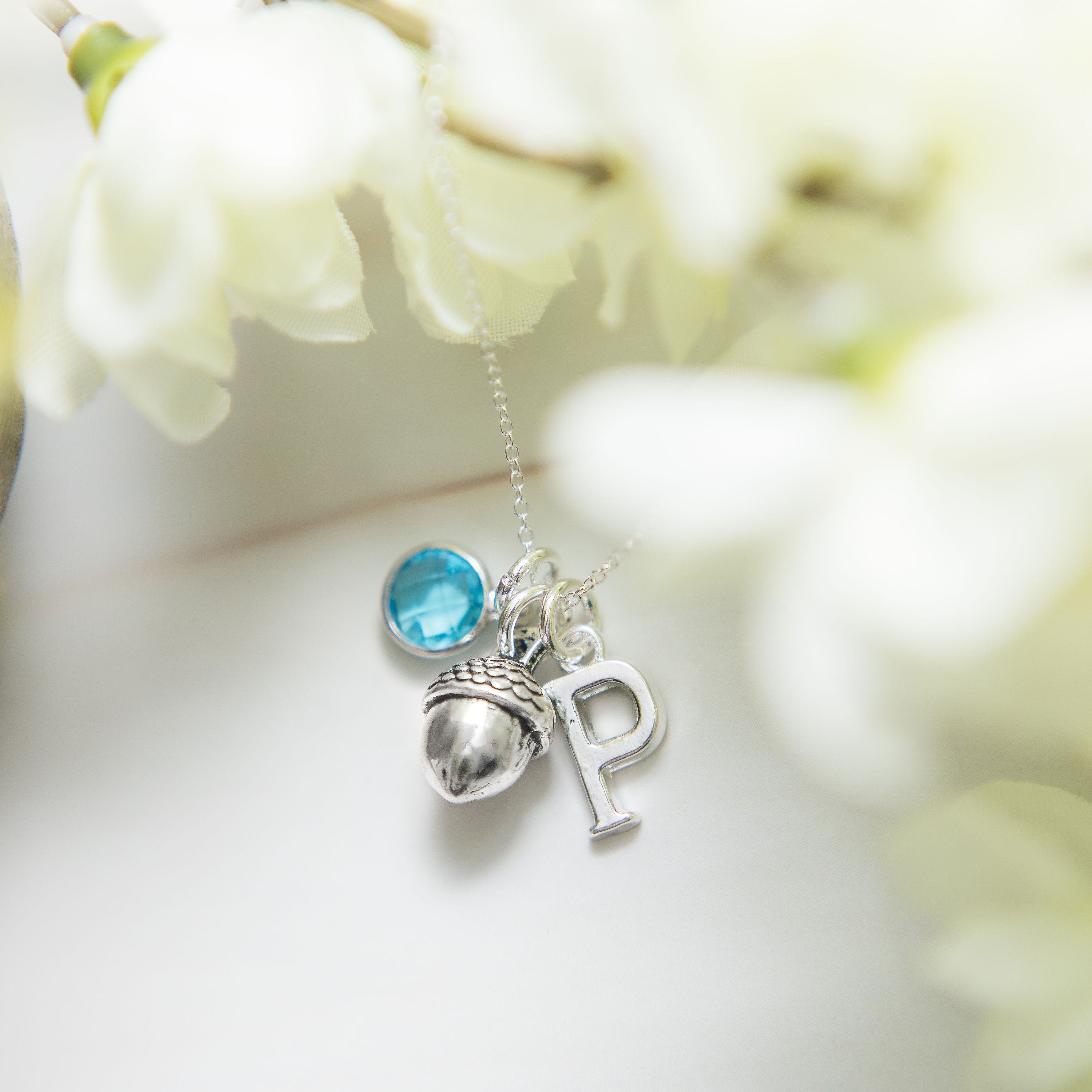 Acorn necklace, personalised gifts, autumnal woodland accessory, teacher thank you gift, birthstone letter charm, nursery nurse gift