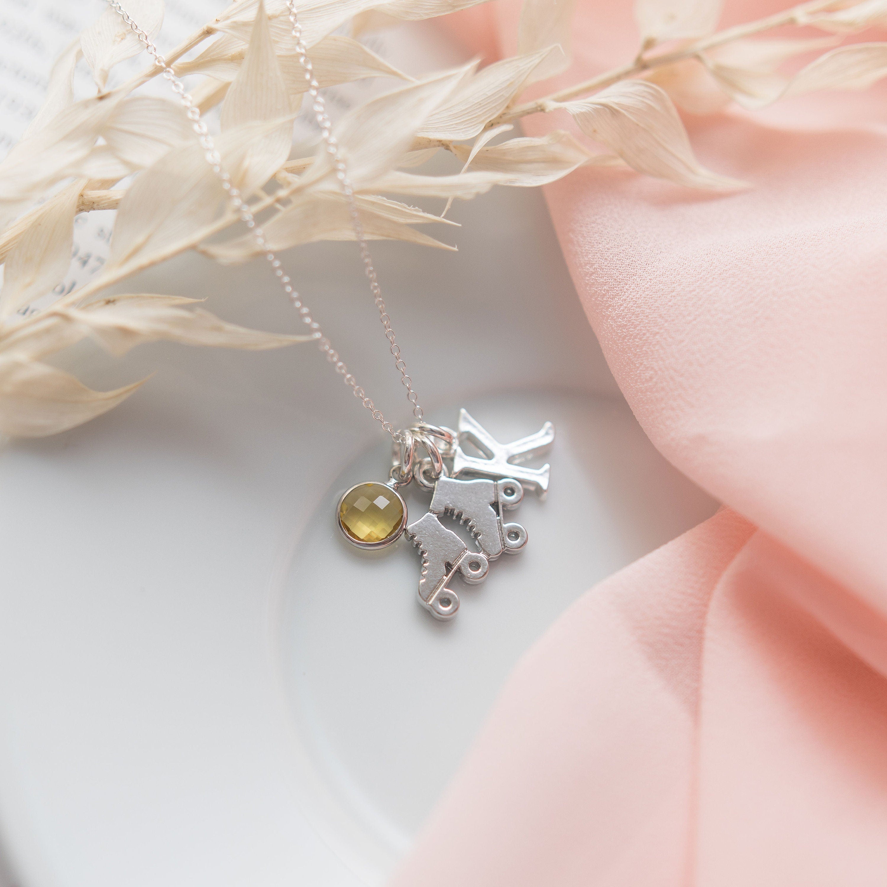Roller skate necklace, skater jewellery, skating gift, personalised gifts, birthstone necklaces, initial letter, roller derby fans