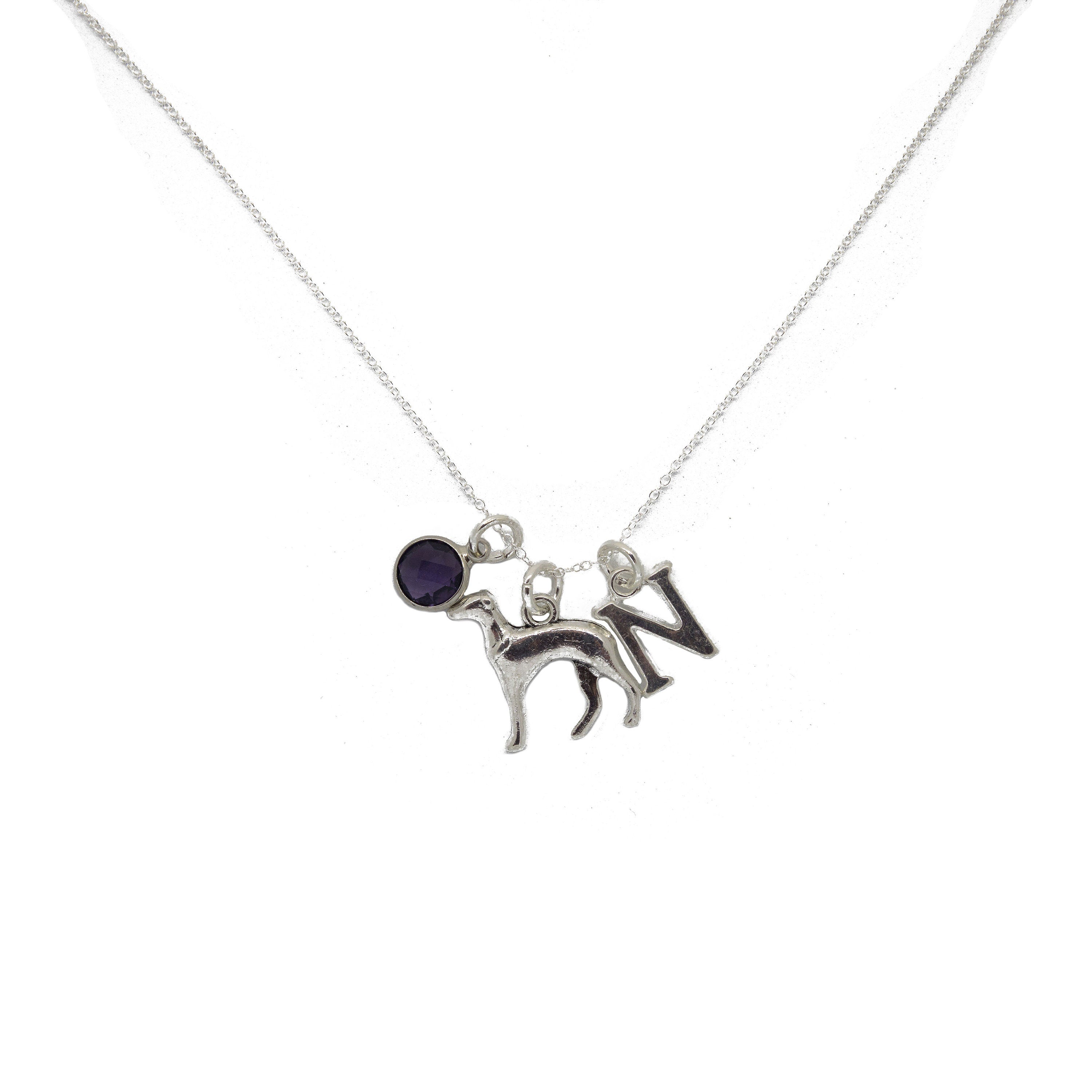 Greyhound Charm Necklace: Personalised Birthstone Initial, Dog Memorial Jewellery
