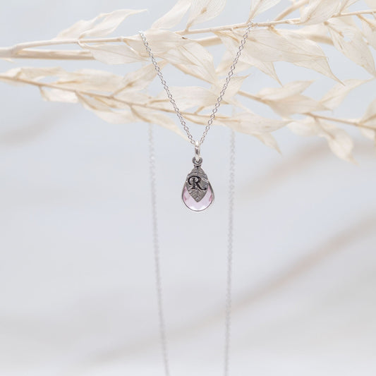Birthstone necklace, initial letter jewellery, leaf nature charm, faceted glass teardrop pendant, personalised gifts, birthday gift for her