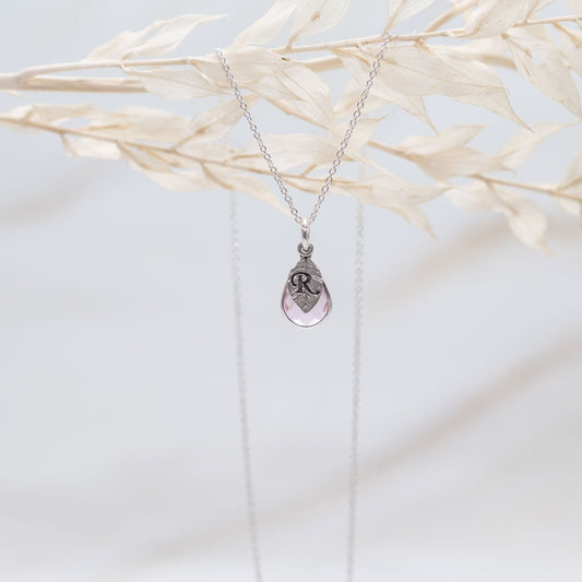 Birthstone Necklace: Initial Letter, Leaf Charm, Teardrop Pendant