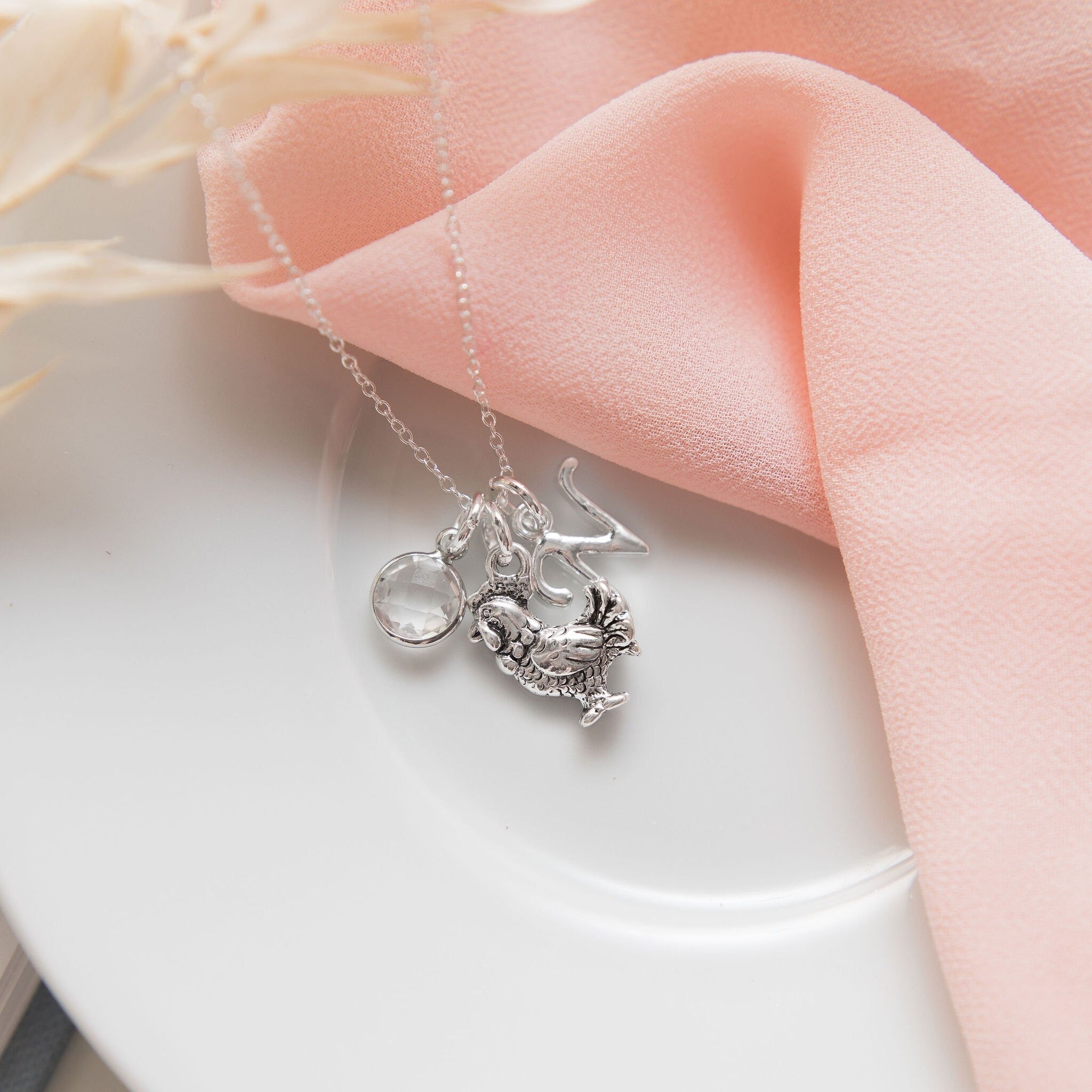 Chicken necklace, personalised gifts, mother hen jewellery, farm animal pendant, gifts for farmer, birthstone initial letter charm